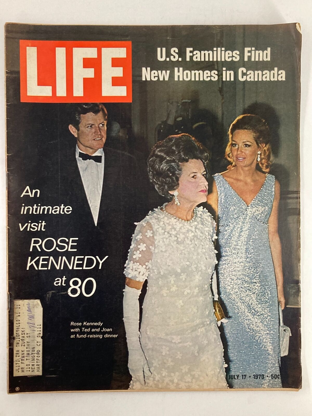 Cover of VTG Life Magazine from July 17, 1970, featuring Rose Kennedy at 80, accompanied by her son Ted and Joan at a fundraising dinner, highlighting a significant moment in American history.