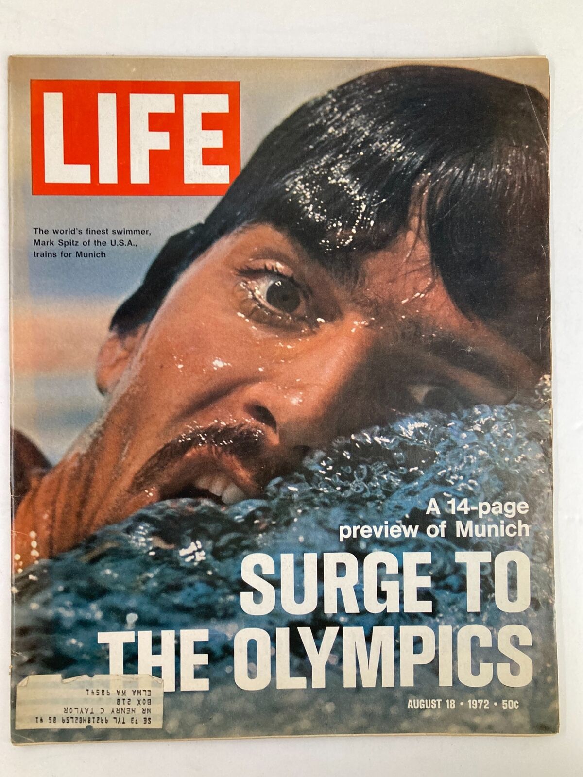 Cover of VTG Life Magazine from August 18, 1972 featuring Mark Spitz, highlighting his journey to the Munich Olympics with the tagline 'Surge to the Olympics'.