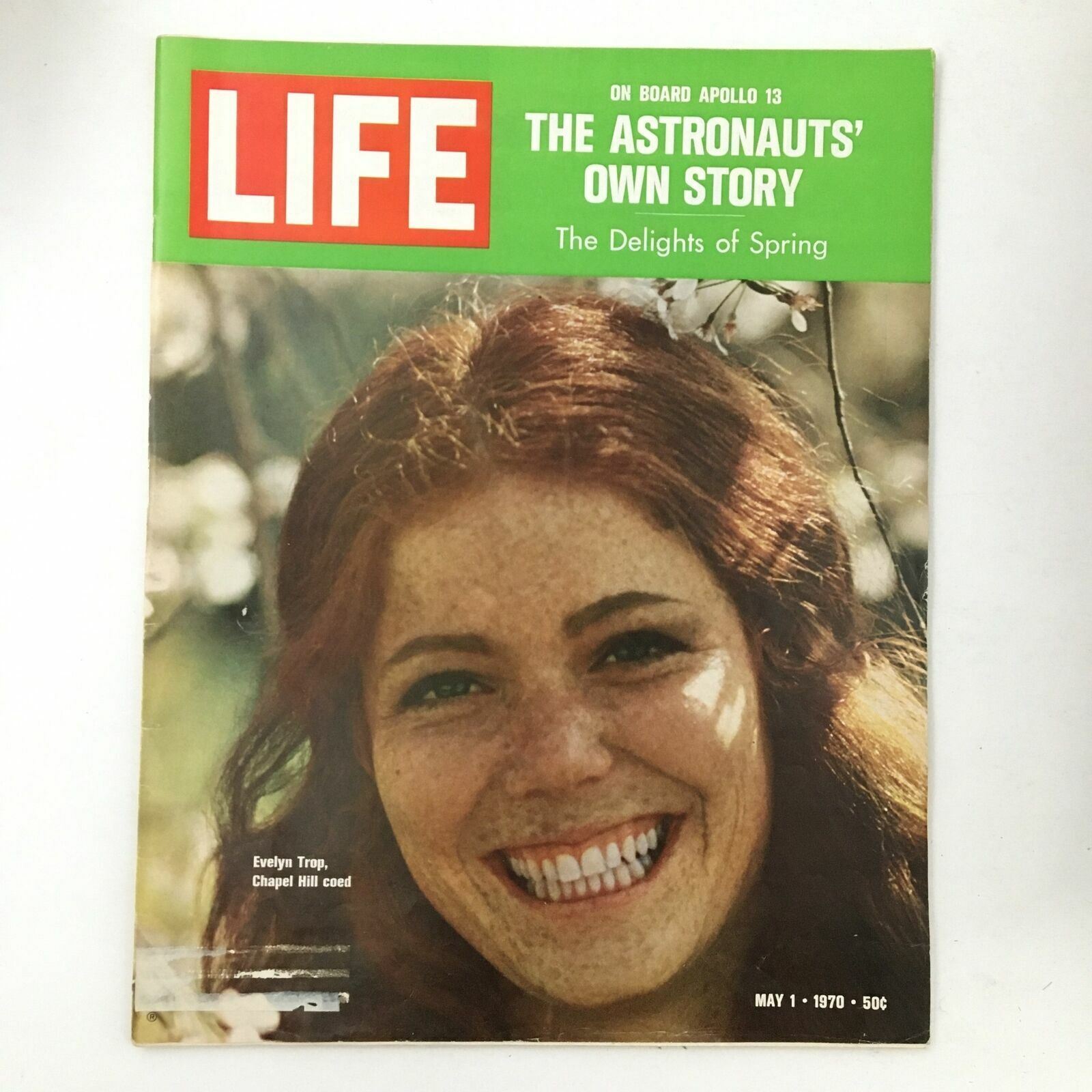 Cover of Life Magazine from May 1, 1970 featuring Evelyn Trop. The headline reads 'The Astronauts' Own Story' and highlights the theme 'The Delights of Spring'. The cover showcases a smiling woman with red hair, emphasizing the magazine’s focus on Apollo 13 and springtime themes.