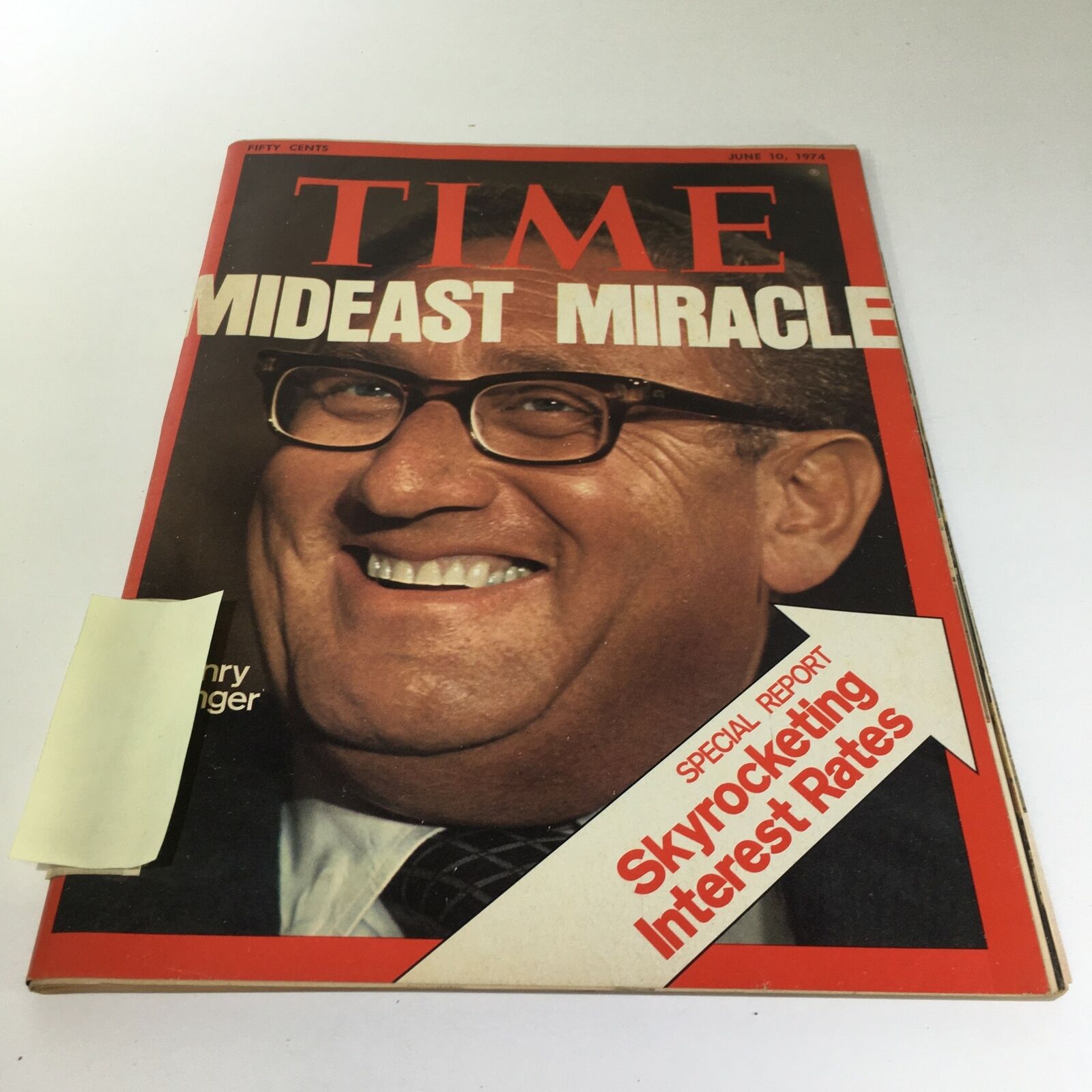 Cover of Time Magazine from June 10, 1974, showcasing the headline 'Mideast Miracle & Skyrocketing Interest Rates', displaying a close-up of a smiling man in glasses.