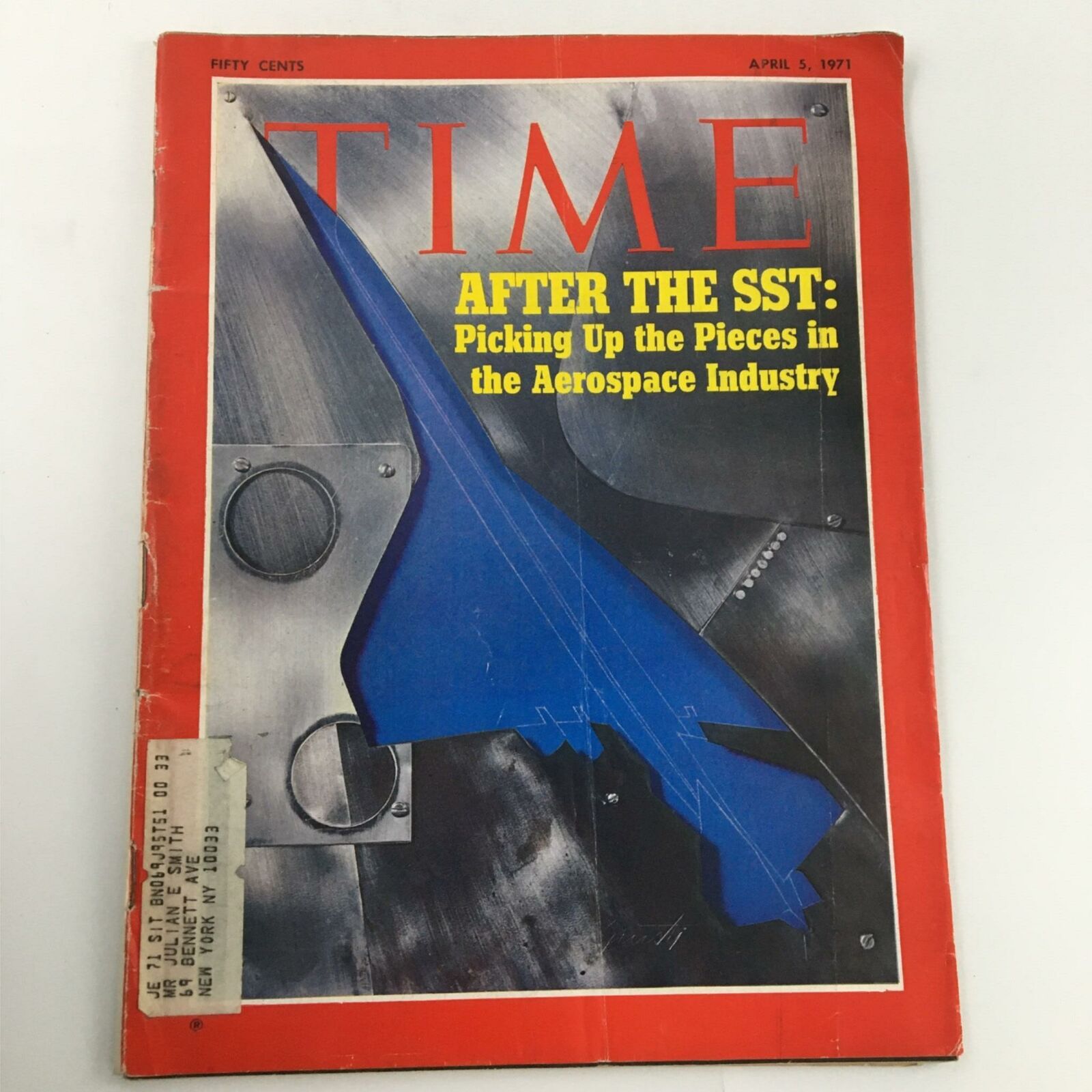 VTG Time Magazine April 5, 1971 cover featuring the article 'After the SST: Picking Up the Pieces in the Aerospace Industry' with a blue aircraft design.