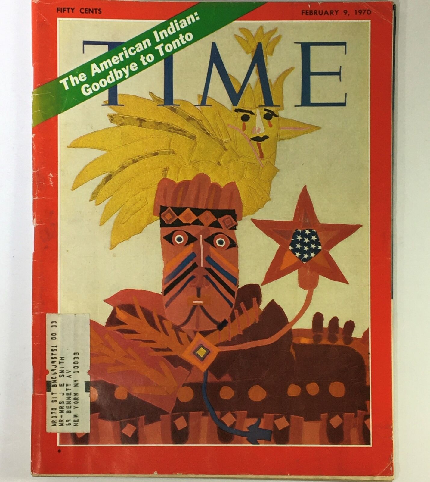 Vintage Time Magazine from February 9, 1970, featuring a colorful cover illustration depicting a Native American figure holding a star and a portrait of cultural relevance; highlights the theme 'The American Indian: Goodbye to Tonto'.