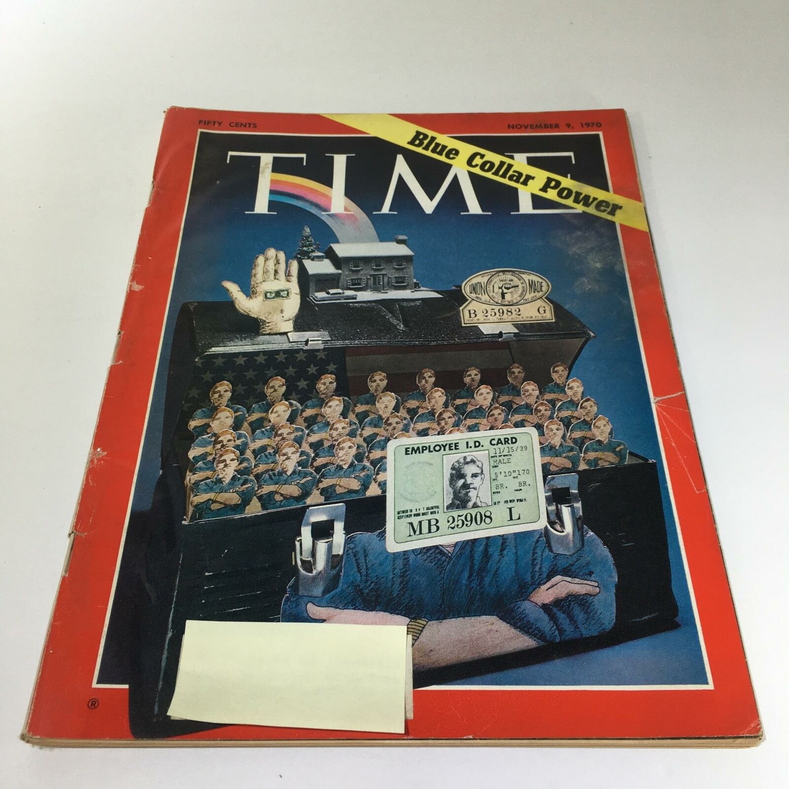 Cover of Time Magazine from November 9, 1970, featuring the theme 'Blue Collar Power', showcasing an illustration of blue-collar workers and symbolic imagery reflecting labor rights.