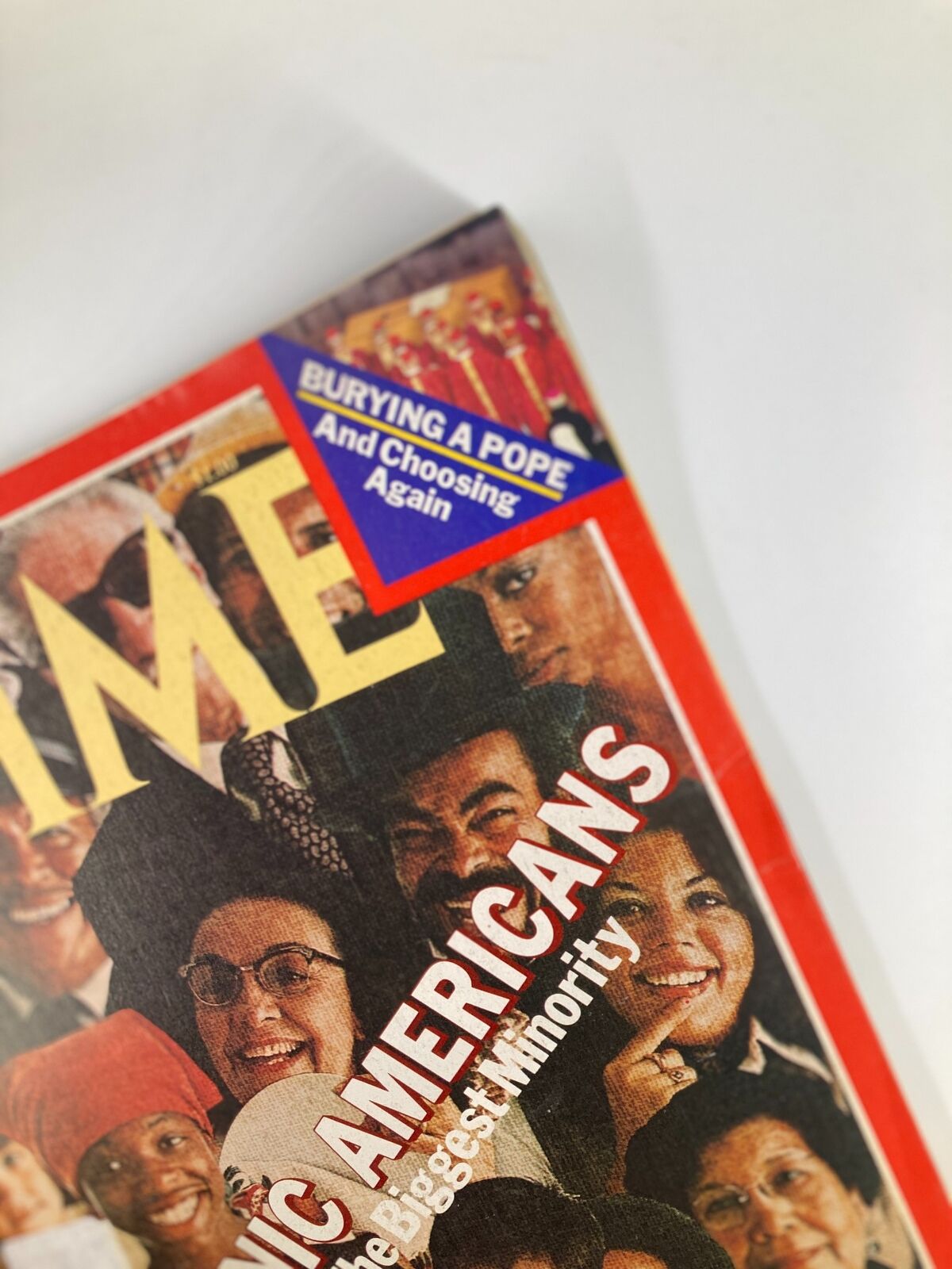 Close-up view of the Time Magazine cover from October 16, 1978, highlighting the title 'Spanic Americans: Soon The Biggest Minority' along with a small label reading 'BURYING A POPE And Choosing Again'.