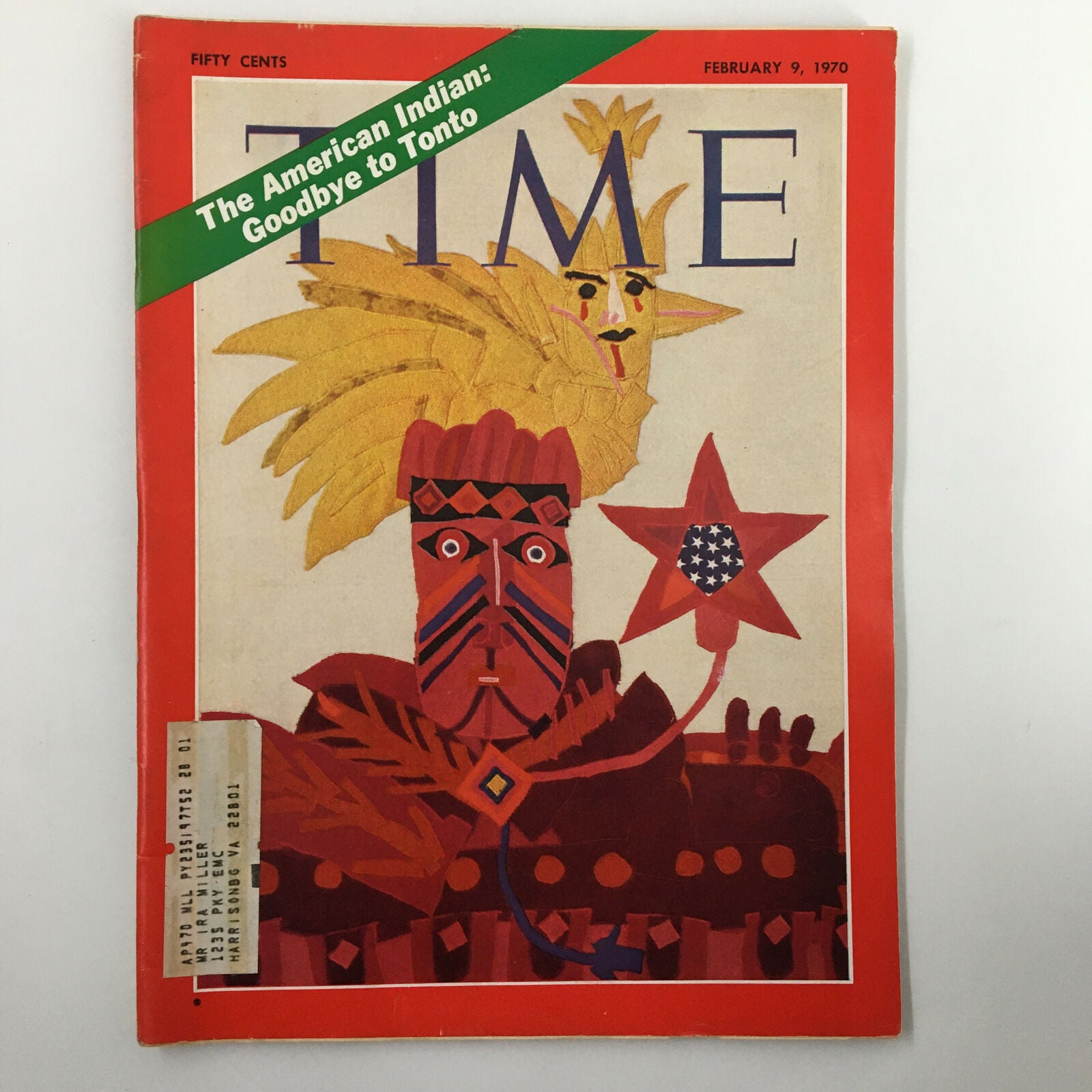 VTG Time Magazine February 9 1970 cover featuring the article 'The American Indian: Goodbye to Tonto', showcasing vibrant artwork with a stylized Native American figure and colorful elements.