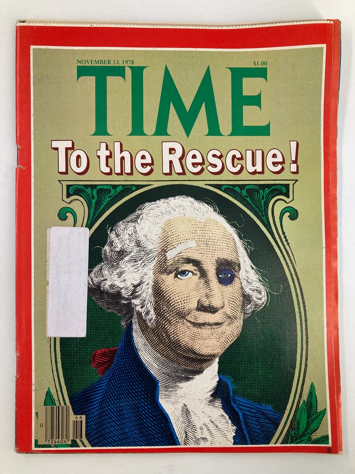 Vintage Time Magazine from November 13, 1978, titled 'A Dollar To The Rescue', showcasing an illustrative cover featuring George Washington, highlighting the magazine's historical significance.