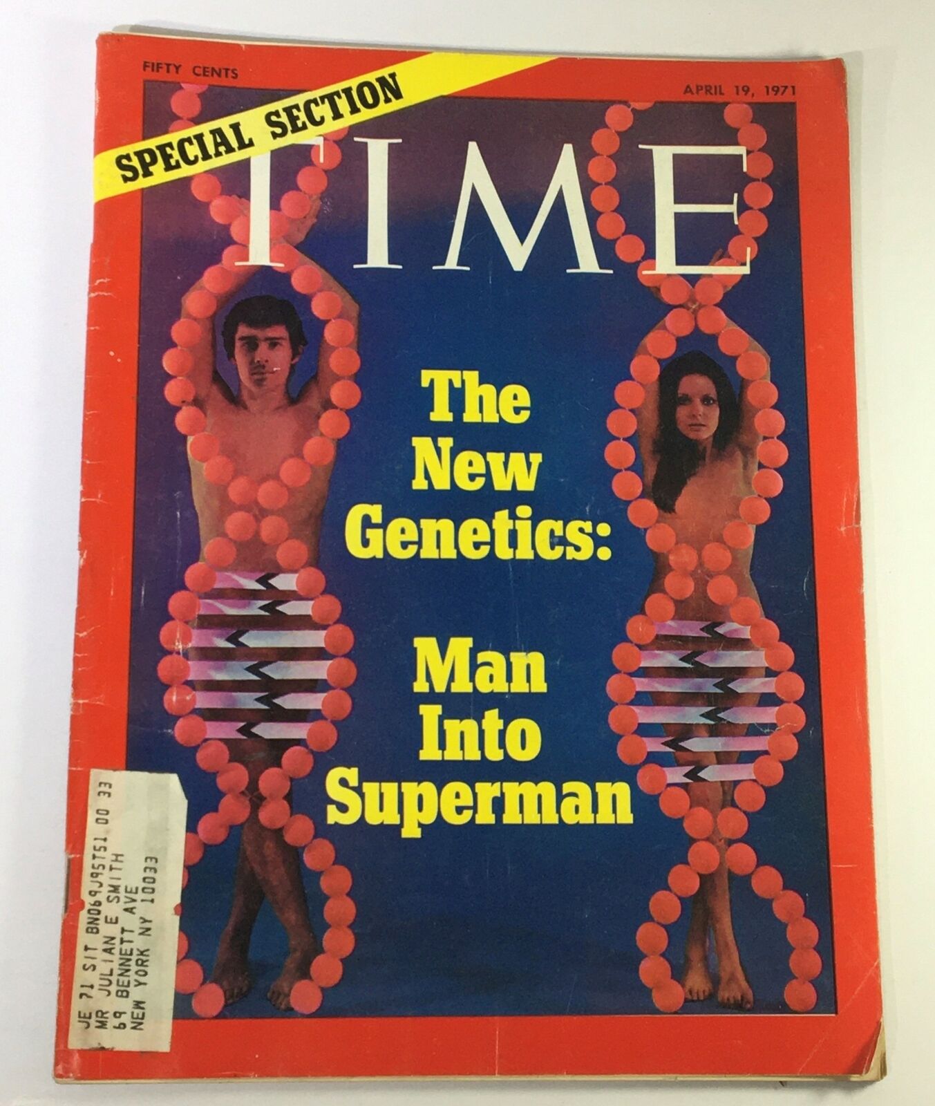 Vintage Time Magazine April 19, 1971 featuring The New Genetics: Man Into Superman cover, showcasing striking imagery of a male and female figure intertwined with DNA strands, highlighting the magazine's exploration of genetics and human evolution.
