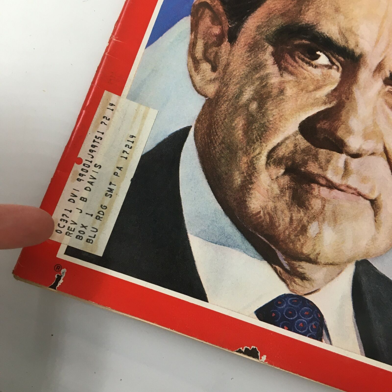 Detail of the cover of VTG Time Magazine October 5 1970 showing President Richard Nixon, with emphasis on its vintage label and design.