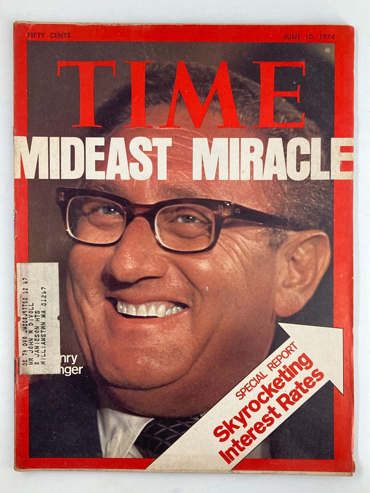 Vintage Time Magazine June 10, 1974, featuring Henry Kissinger on the cover with the headline 'Mideast Miracle' and a special report on skyrocketing interest rates. This edition highlights significant historical and political context from the 1970s.