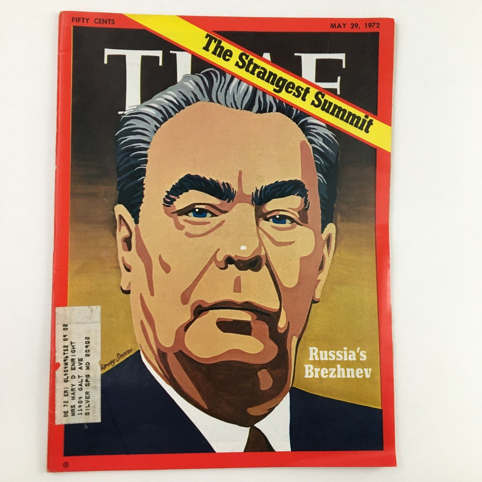 Cover of Time Magazine dated May 29, 1972, featuring Leonid Brezhnev, highlighting the topic 'The Strangest Summit' with a portrait illustration of the Soviet leader.