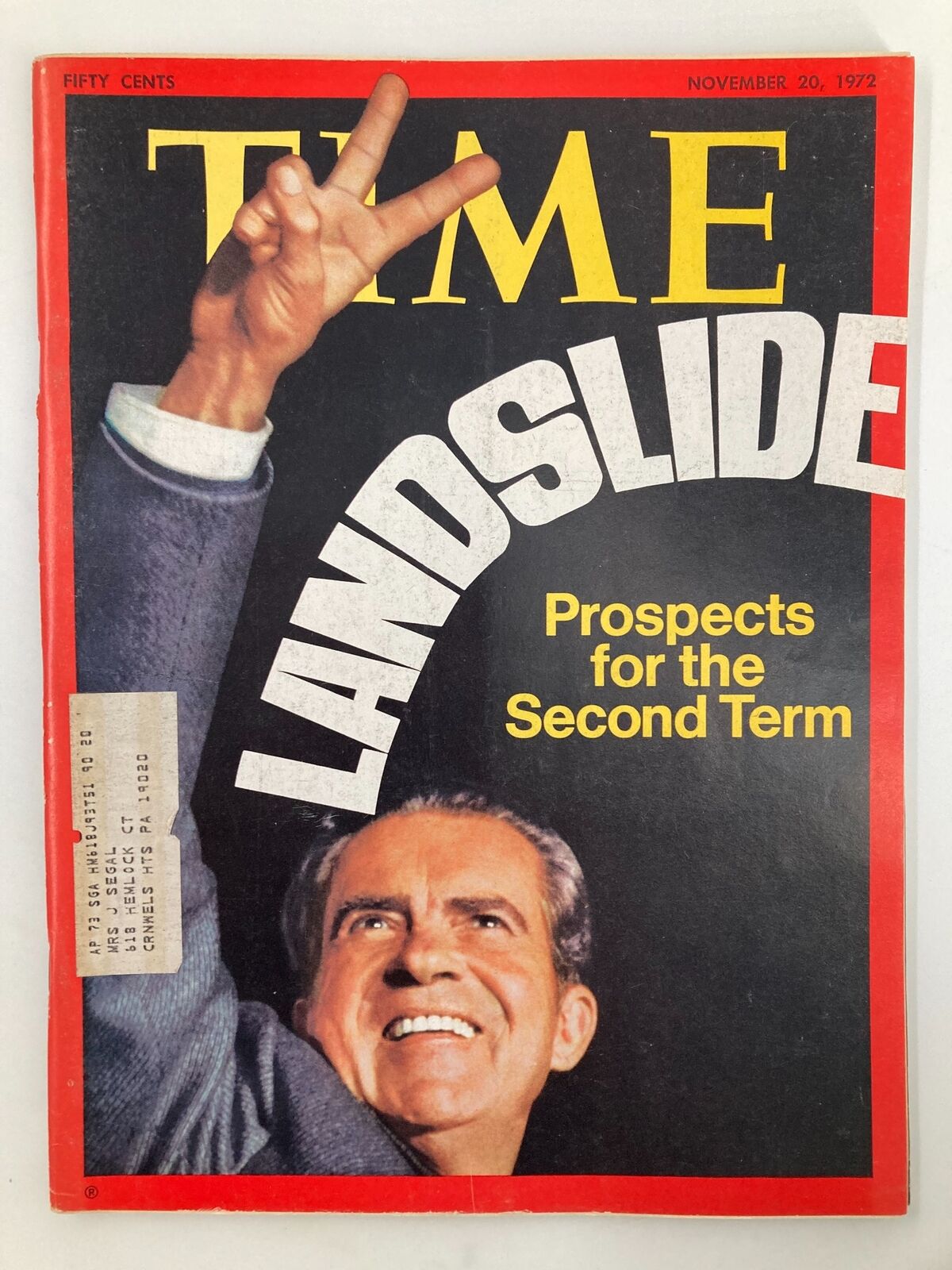 Vintage Time Magazine from November 20, 1972, featuring Richard Nixon on the cover, highlighting his prospects for a second term in a political landscape, with a visual of him making a victory sign.