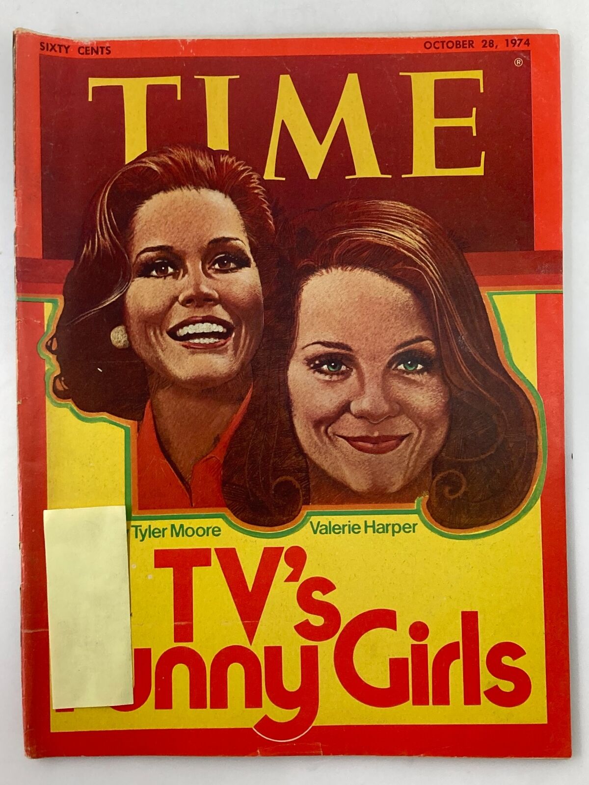 Vintage Time Magazine cover from October 28, 1974, featuring TV's funny girls Mary Tyler Moore and Valerie Harper, highlighting their careers in entertainment.