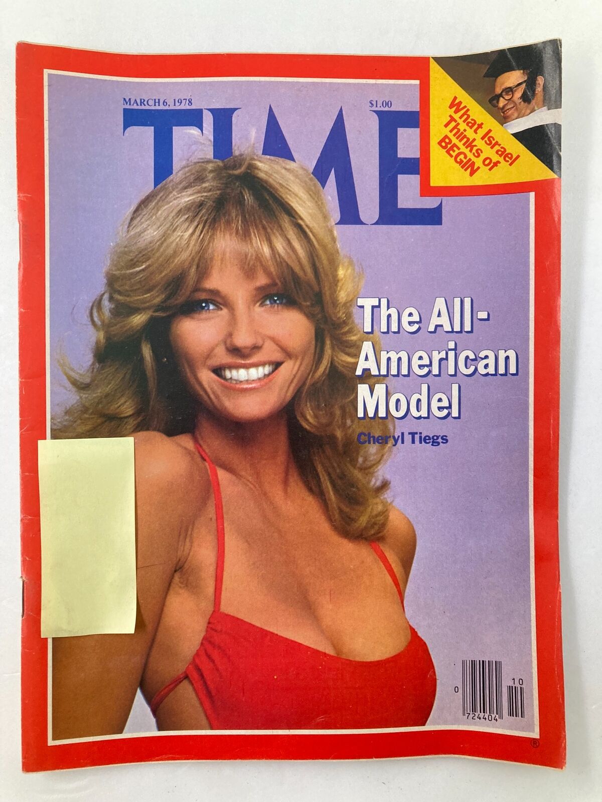 Vintage Time Magazine cover from March 6, 1978, featuring Cheryl Tiegs, titled 'The All-American Model'. The magazine showcases Cheryl Tiegs with a bright smile, wearing a red dress, highlighting her status as a classic American beauty.