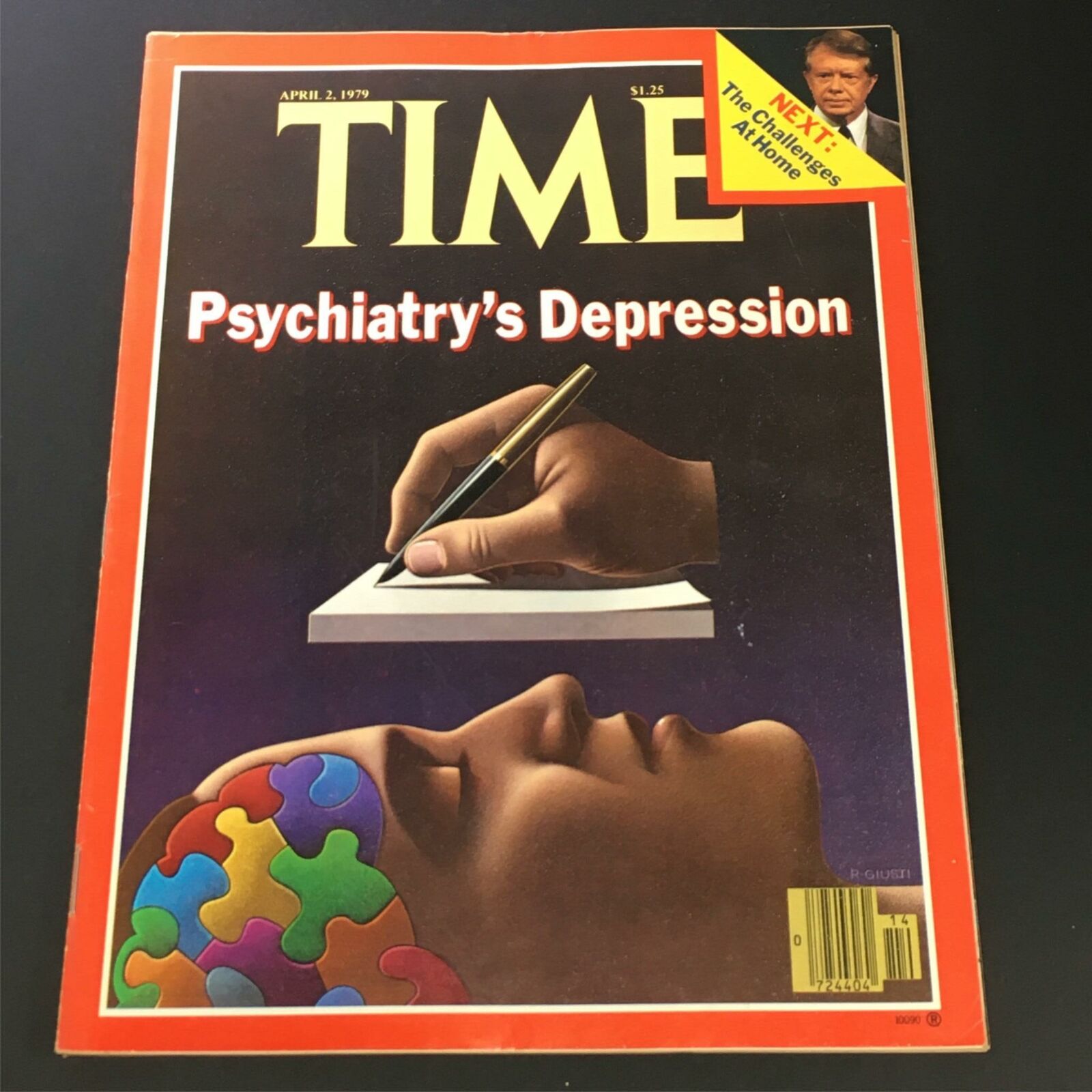 Cover of VTG Time Magazine, April 2, 1979, featuring an artistic representation related to Psychiatry's Depression, showcasing a hand holding a pen above a person’s head filled with colorful puzzle pieces.