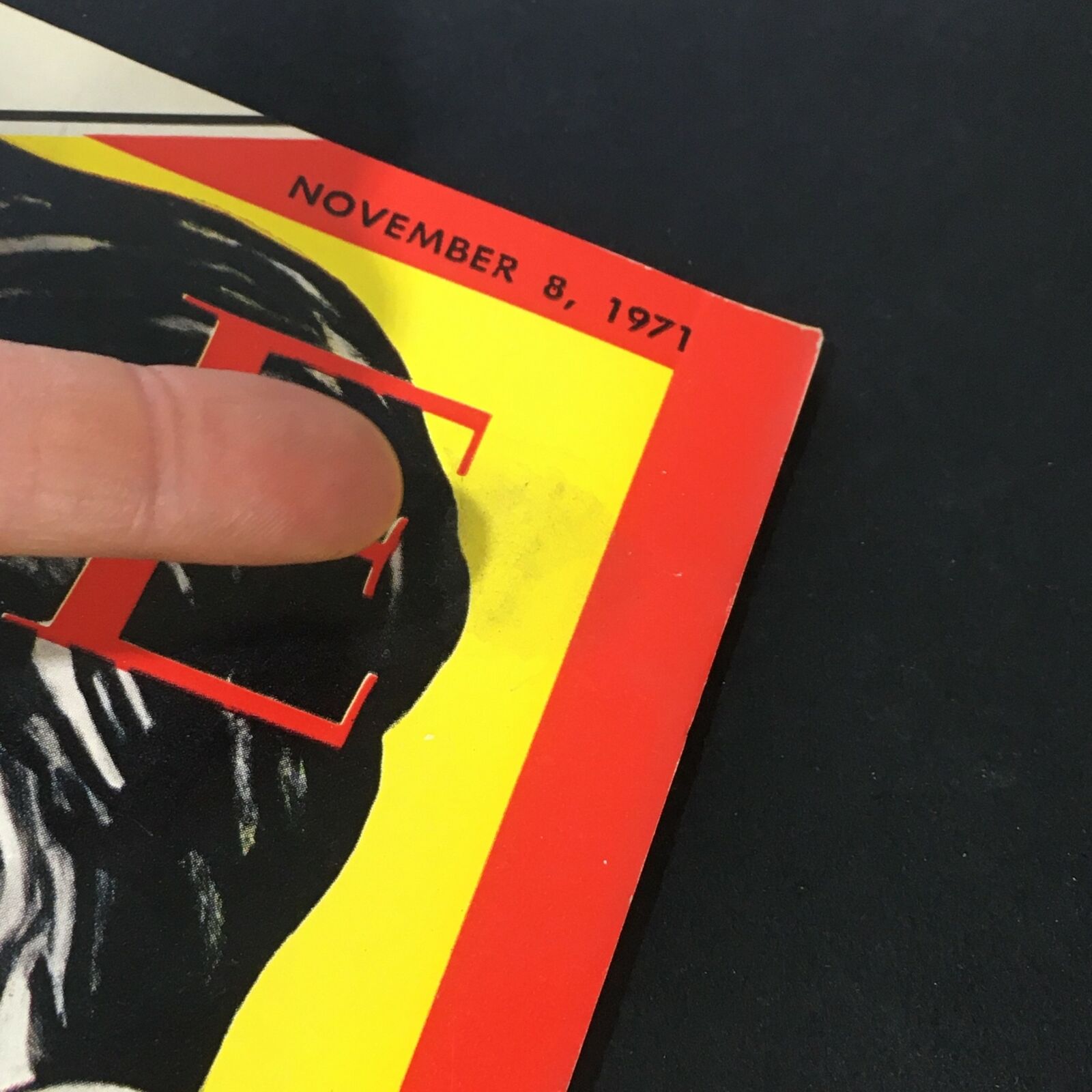 Close-up of the cover detail from VTG Time Magazine November 8 1971 featuring Chou En-Lai. The image highlights the date and part of the magazine title against a colorful background.