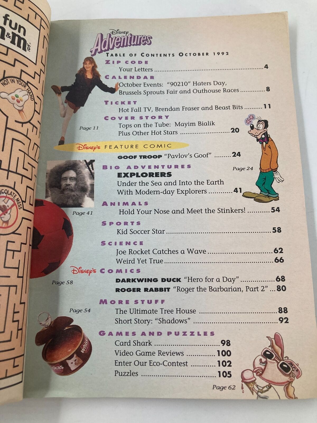 Table of contents page from Disney Adventures Magazine October 1992, listing articles and features including Goof Troop and various entertaining topics for kids.