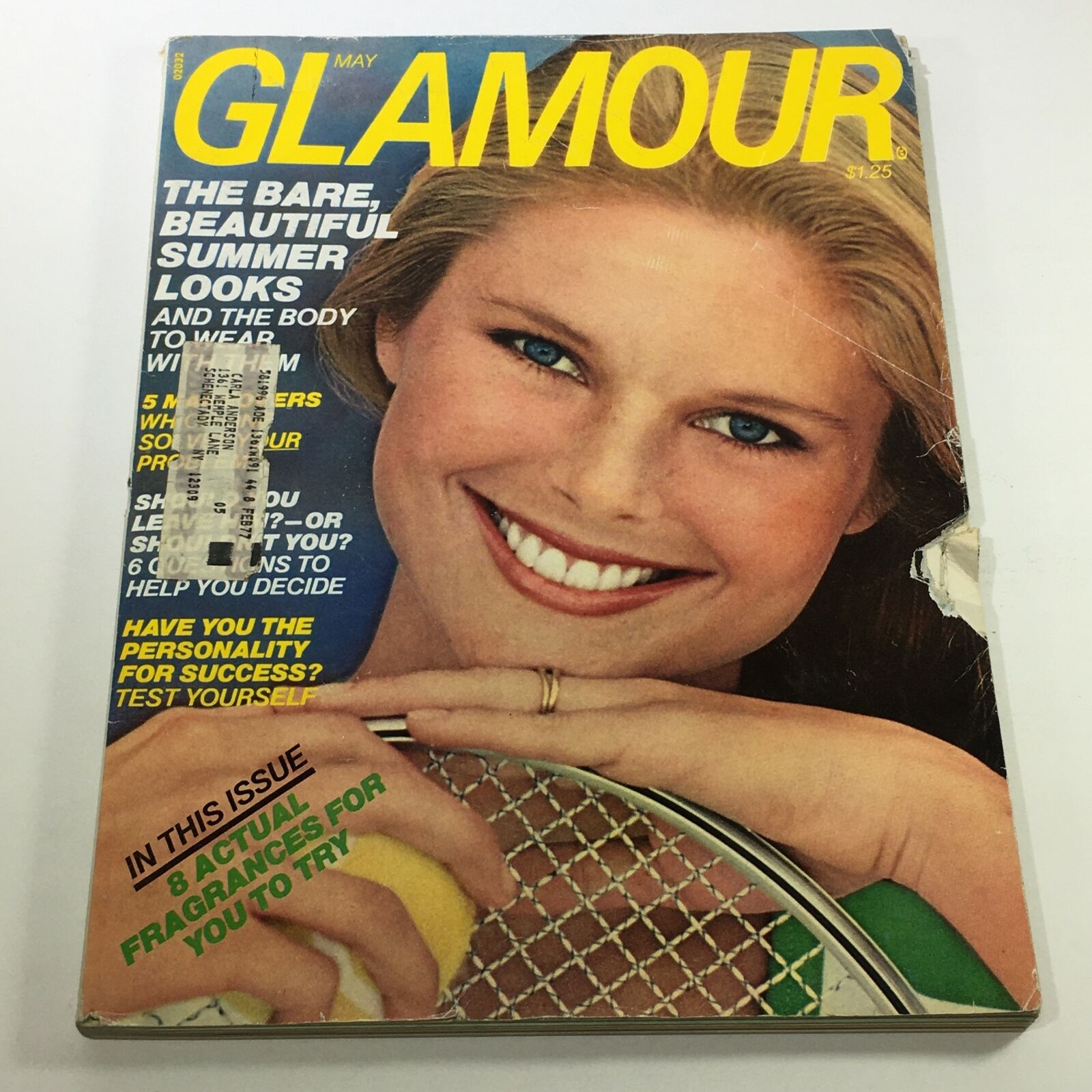 Glamour Magazine May 1976 cover featuring a smiling Christie Brinkley, highlighting summer fashion looks and fragrance recommendations.