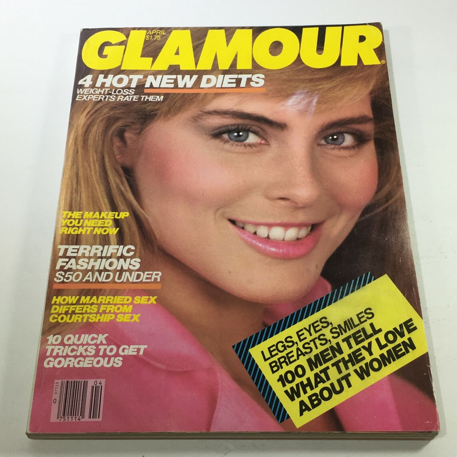 Vintage Glamour Magazine cover from April 1983 featuring Kim Alexis, showcasing fashion tips, beauty advice, and cultural insights from the early 1980s.