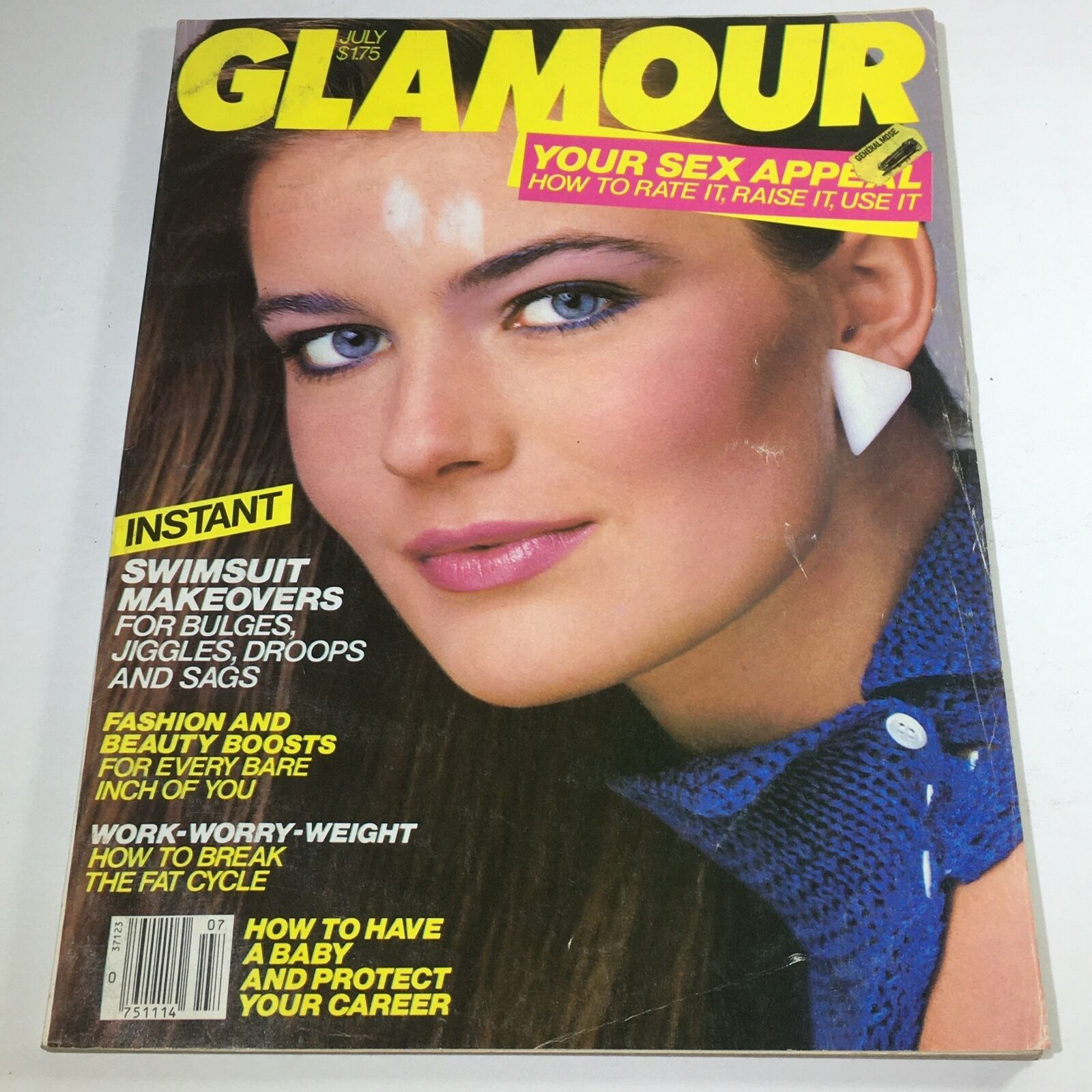 Vintage Glamour Magazine from July 1983 featuring iconic cover model Paulina Porizkova, showcasing 1980s fashion and beauty trends.