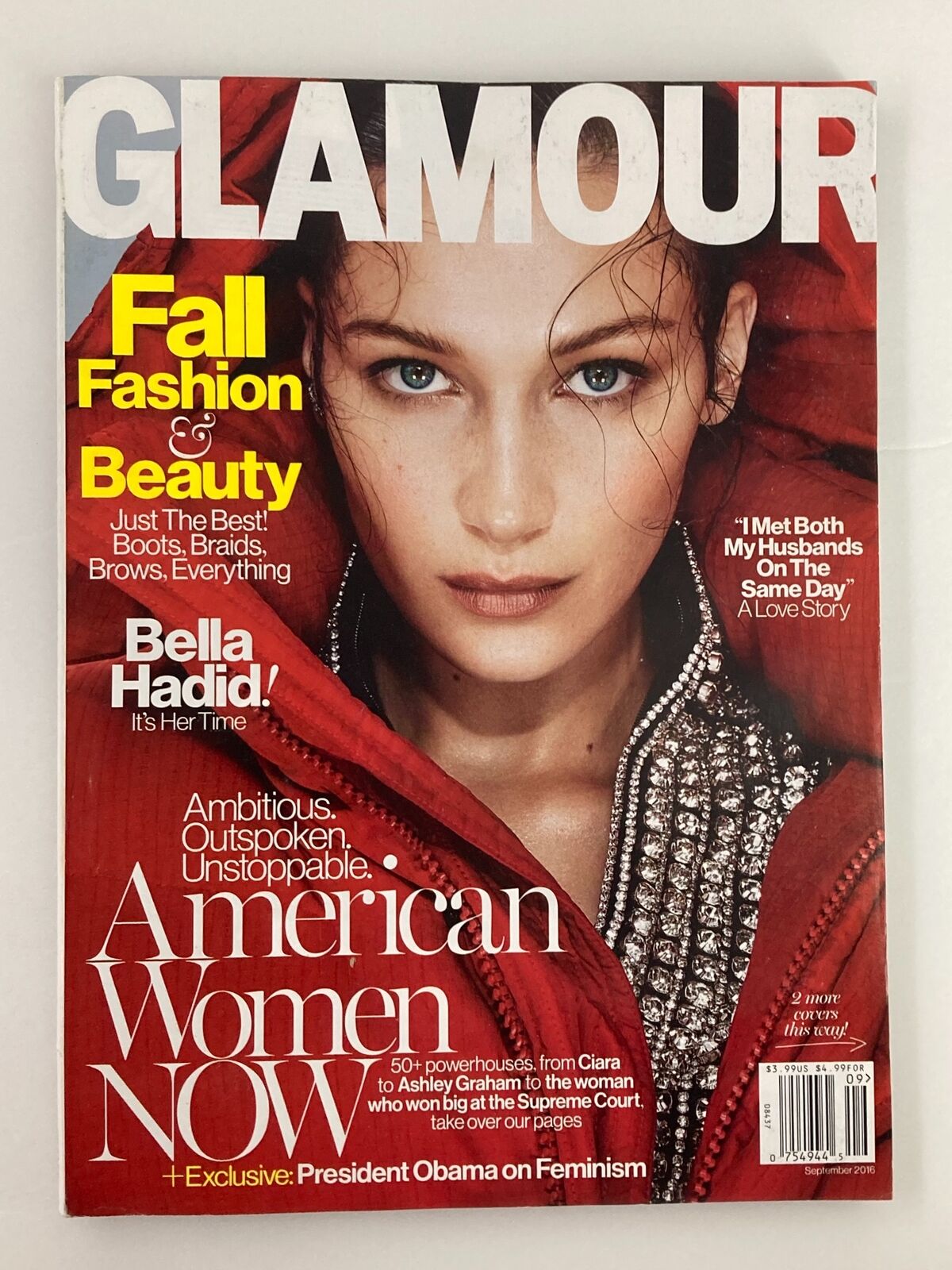 Glamour Magazine September 2016 cover featuring Bella Hadid, highlighting fall fashion and beauty trends, embodying her status as a pop culture icon.