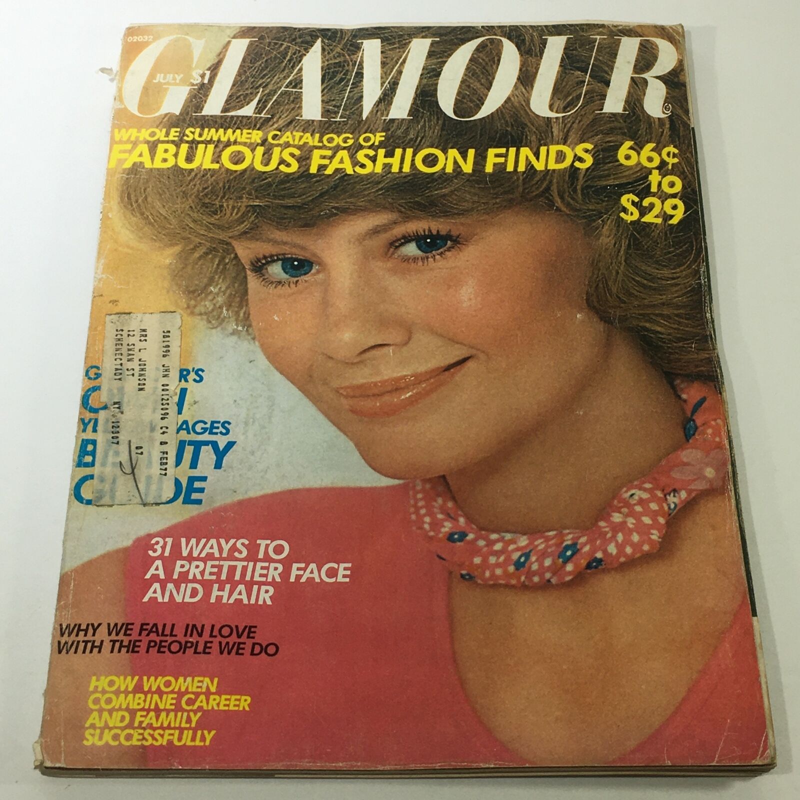 Vintage Glamour Magazine cover from July 1975 featuring Barbara Minty, showcasing a beauty guide, fashion finds, and mid-1970s culture.