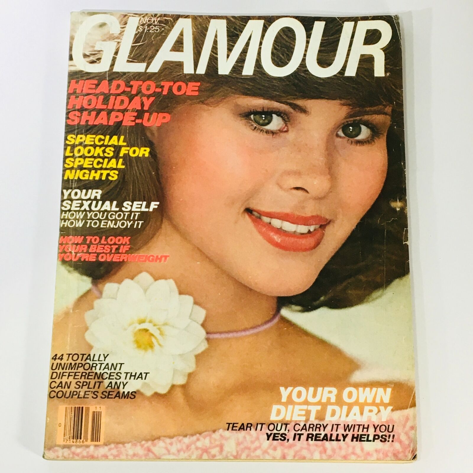 Cover of VTG Glamour Magazine November 1977 featuring Micaela Sundholm, showcasing headlines on holiday shape-up, special looks, personal wellness, and the article 'Your Own Diet Diary' along with a close-up of a model wearing a flower accessory.