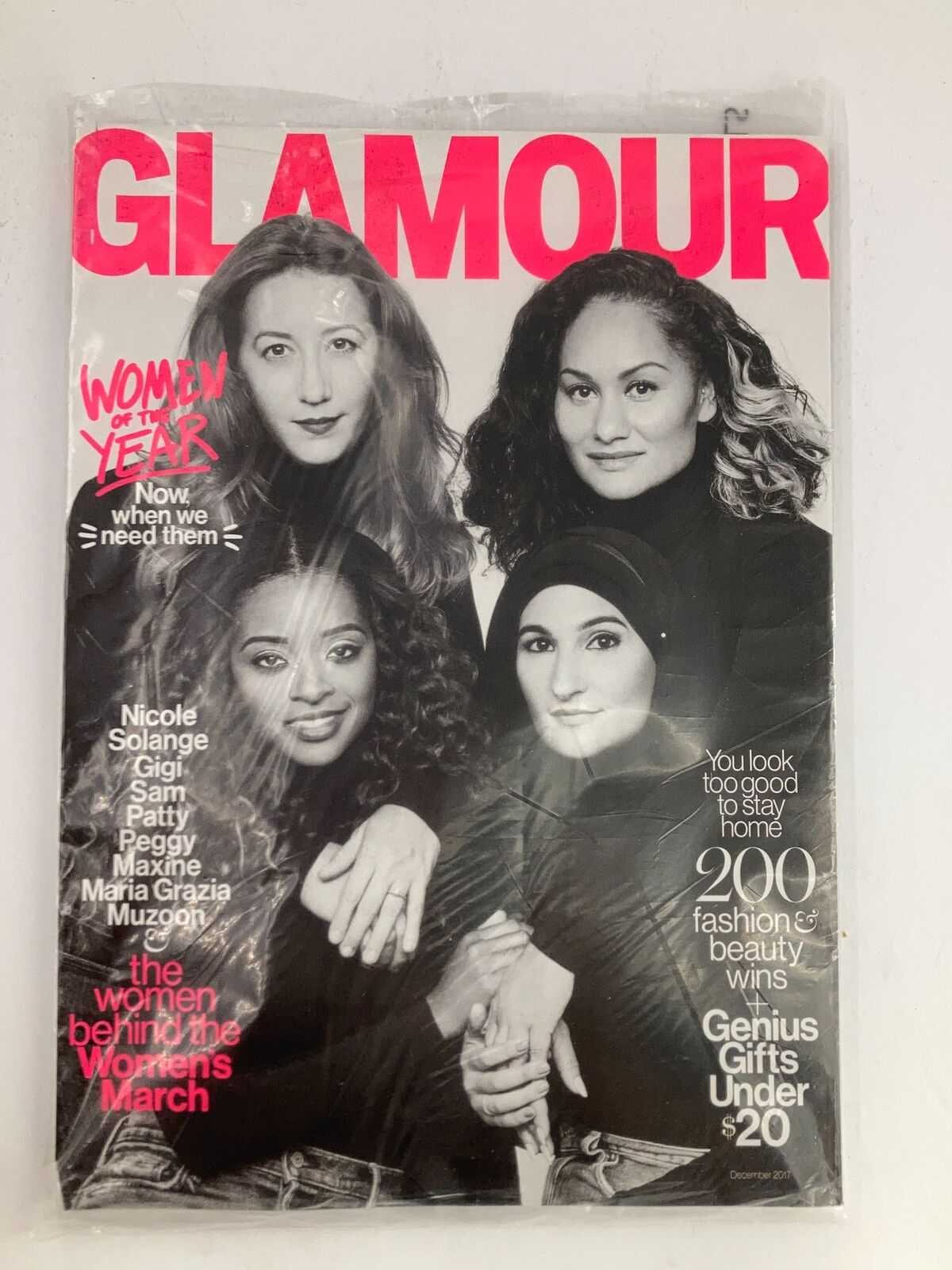 Glamour Magazine December 2017 cover featuring women leaders associated with the Women's March, highlighting the 'Women of the Year' theme, showcasing Nicole Solange Gilge, Sam Patty, Peggy Maki, and Maria Grazia Muzog. This sealed vintage issue is a significant artifact celebrating women's activism and empowerment.