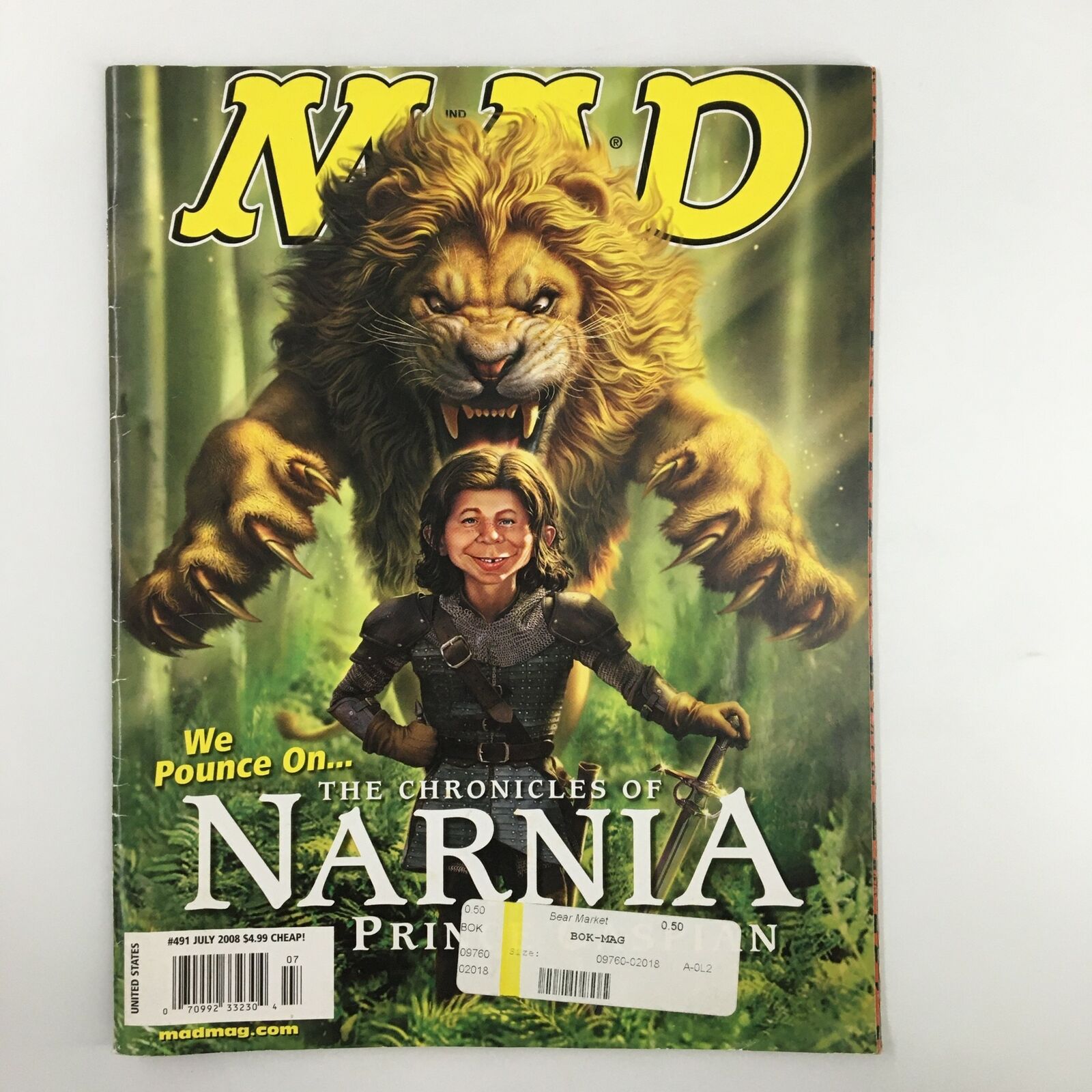 Mad Magazine July 2008 No. 491 cover featuring a humorous illustration inspired by The Chronicles of Narnia with a lion and a character dressed in armor.