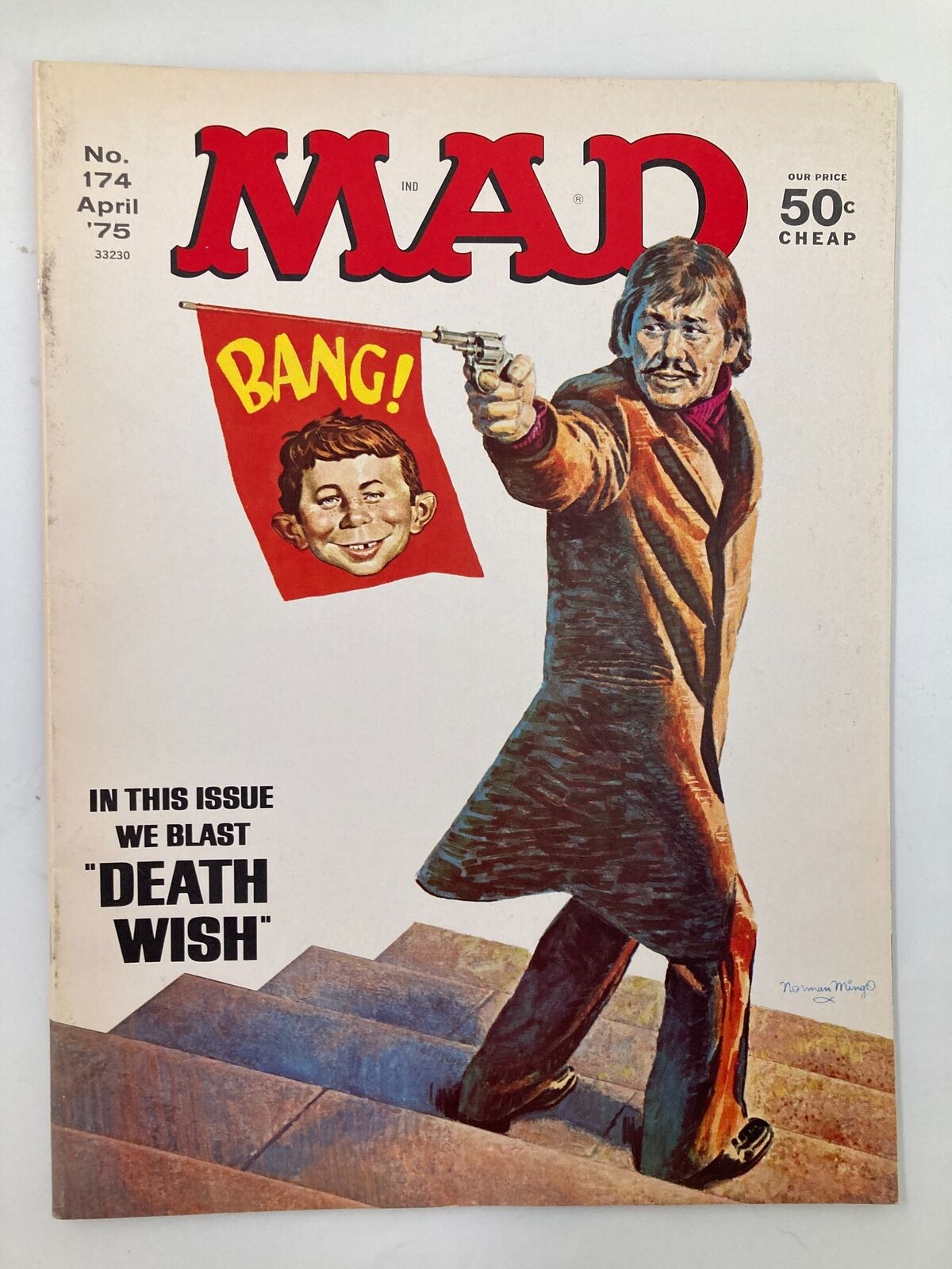 Cover of Mad Magazine April 1975 No. 174 featuring a parody of 'Death Wish' with a cartoon character holding a banner that says 'BANG!' and an illustration of a man with a gun. This vintage magazine is a collectible piece of pop culture history.