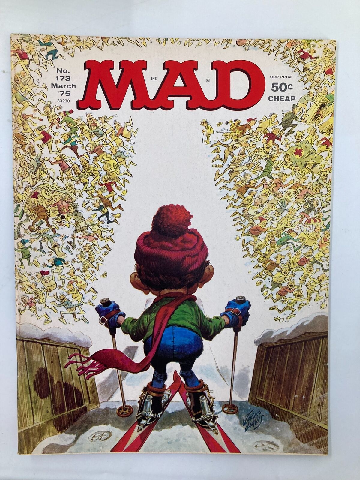 Cover of Mad Magazine March 1975 No. 173 featuring a whimsical illustration of Alfred skiing downhill, surrounded by playful cartoon figures. This vintage magazine captures the humor and cultural significance of the 1970s.