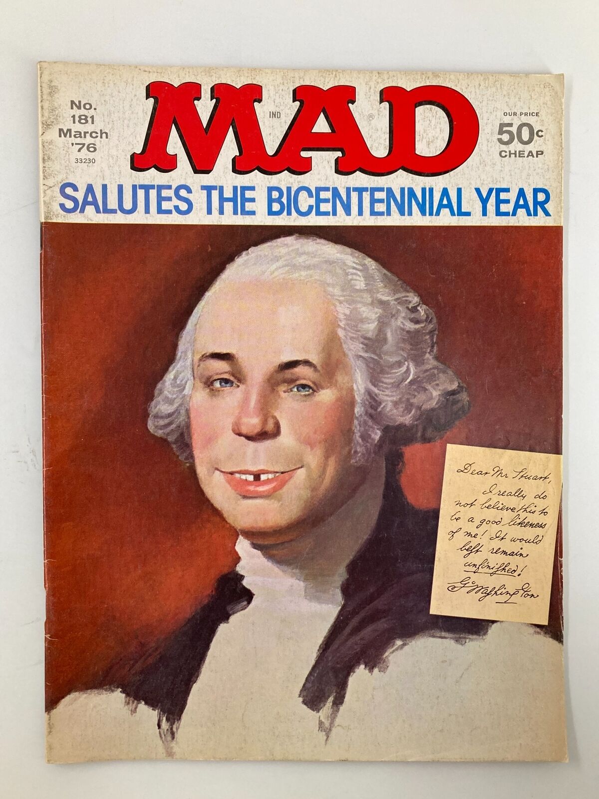 Cover of Mad Magazine March 1976 No. 181 Salutes Bicentennial Year featuring a humorous illustration of George Washington with a playful expression and a note attached, highlighting the comedic tone of the magazine.