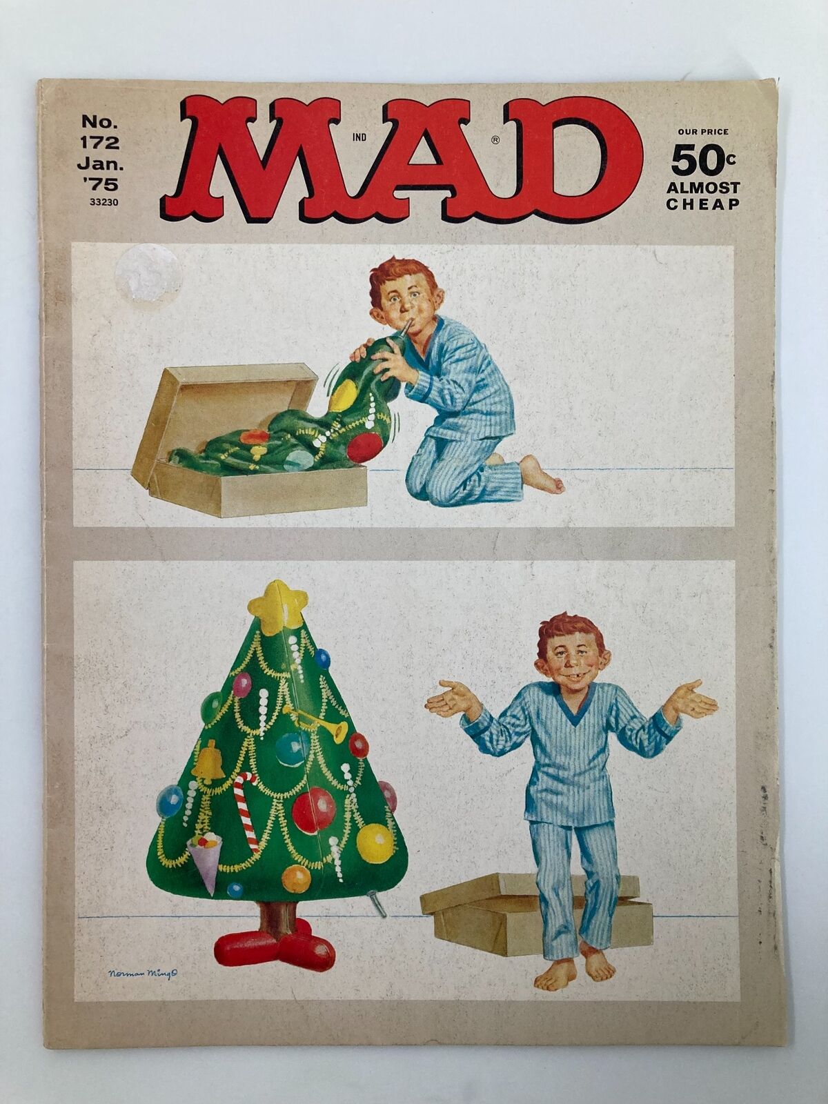 Cover of Mad Magazine January 1975 No. 172 featuring an illustration of a boy in pajamas with a green inflatable Christmas tree and colorful ornaments, showcasing the iconic humor and nostalgic design of the 1970s.