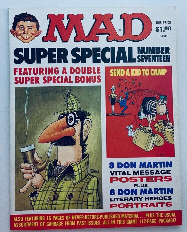 Cover of Mad Magazine Special #17 from 1975 titled 'Send a Kid to Camp', featuring whimsical illustrations by Don Martin, showcasing characters in humorous camp-themed scenarios. The magazine is presented as a collectible item in very good condition, with vibrant colors and playful graphics.