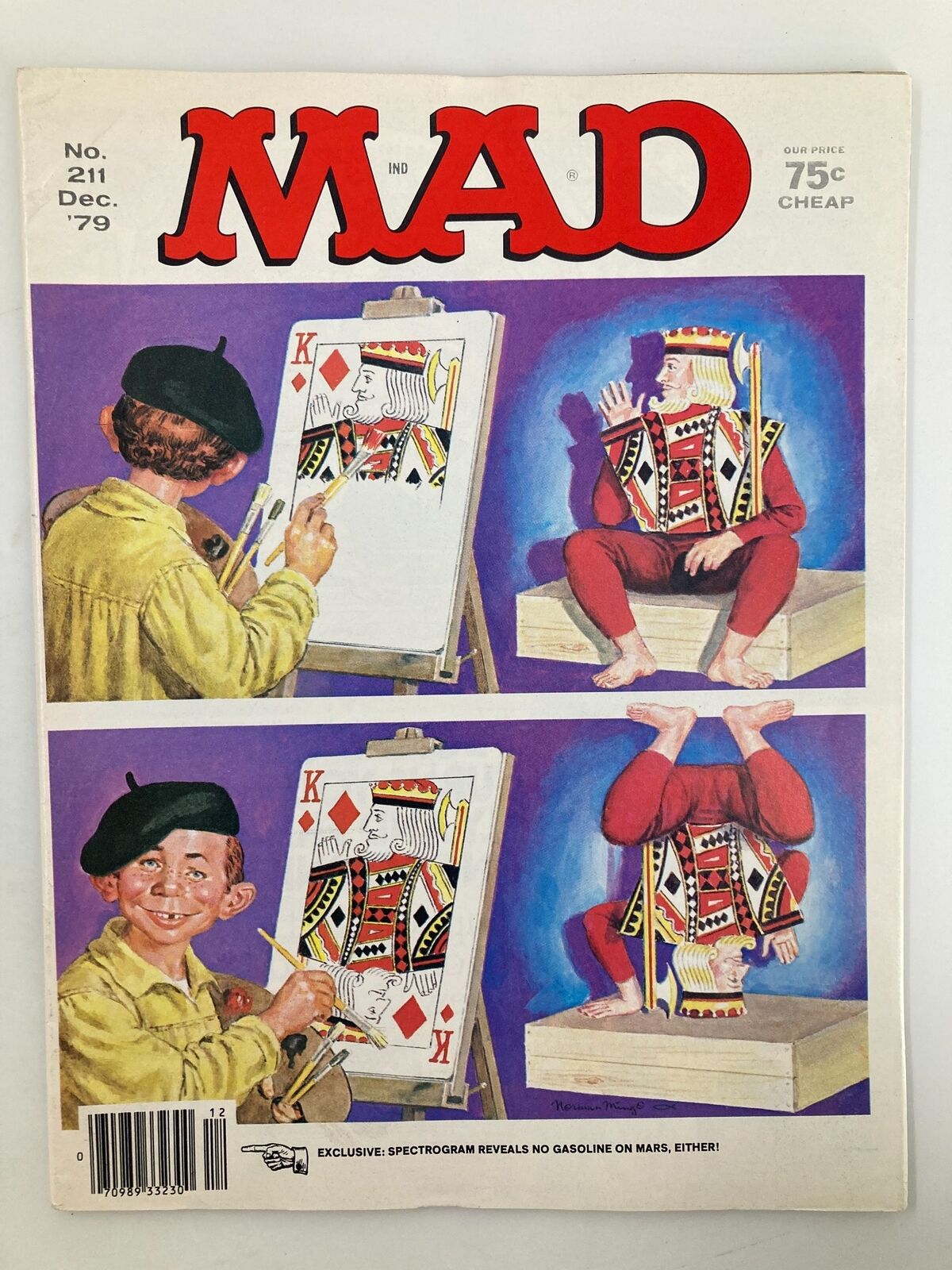 Cover of Mad Magazine December 1979 No. 211 titled 'King of Diamonds', featuring colorful artwork of a card artist painting a playing card, with humorous depictions of jesters, showcasing the magazine's iconic satirical style.