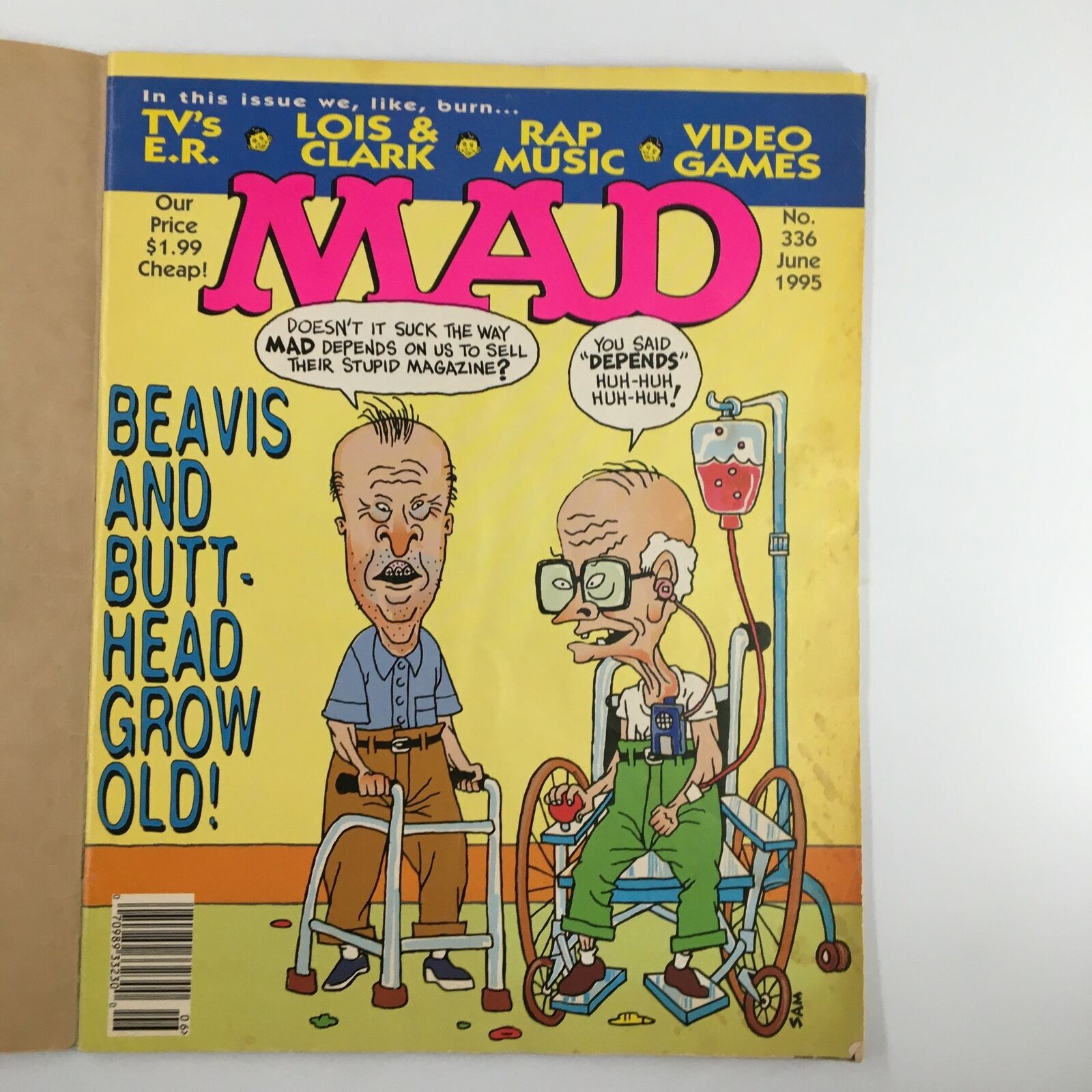 Mad Magazine June 1995 No. 336 featuring Beavis and Butt-Head in a humorous take on aging, with a vibrant yellow cover depicting the iconic characters as elderly men.