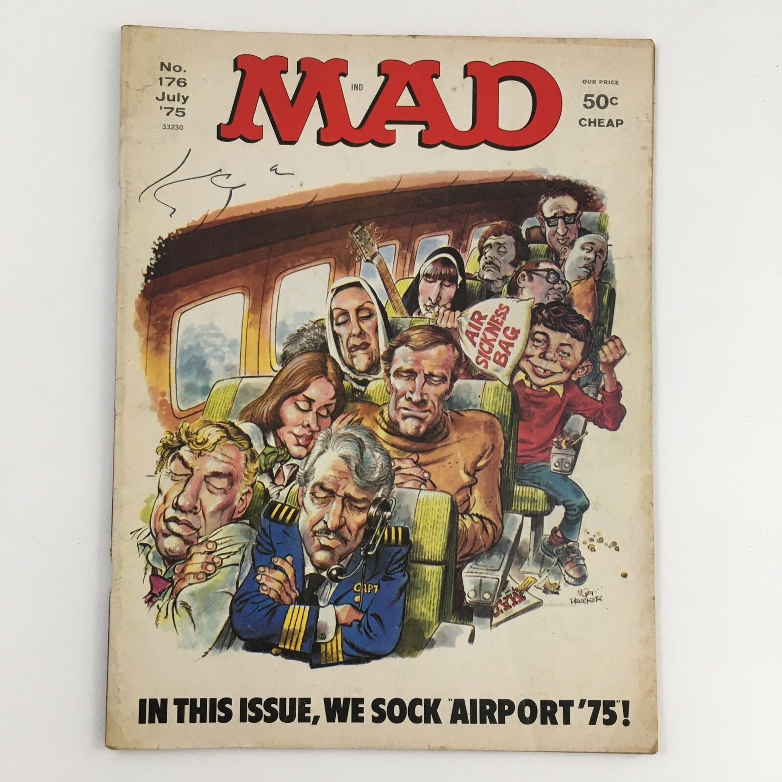 Cover of Mad Magazine July 1975 No. 176 featuring the title 'We Sock Airport 1975', depicting humorous illustrations of airplane passengers and a flight crew. This vintage magazine captures the quirky humor and cultural satire of the 1970s.