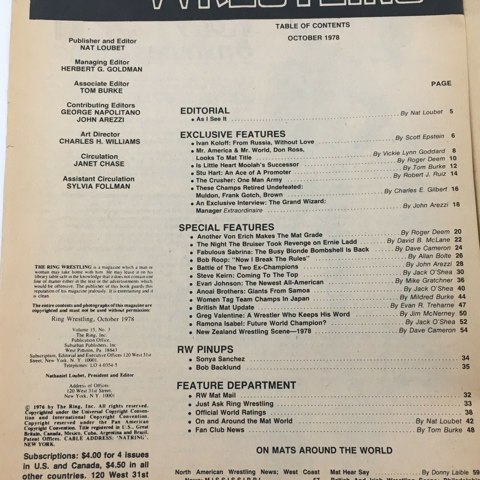 Table of Contents from The Ring Wrestling Magazine October 1978 featuring Ivan Koloff vs. B.J. Lanza, showcasing editorial, exclusive features, and special features.