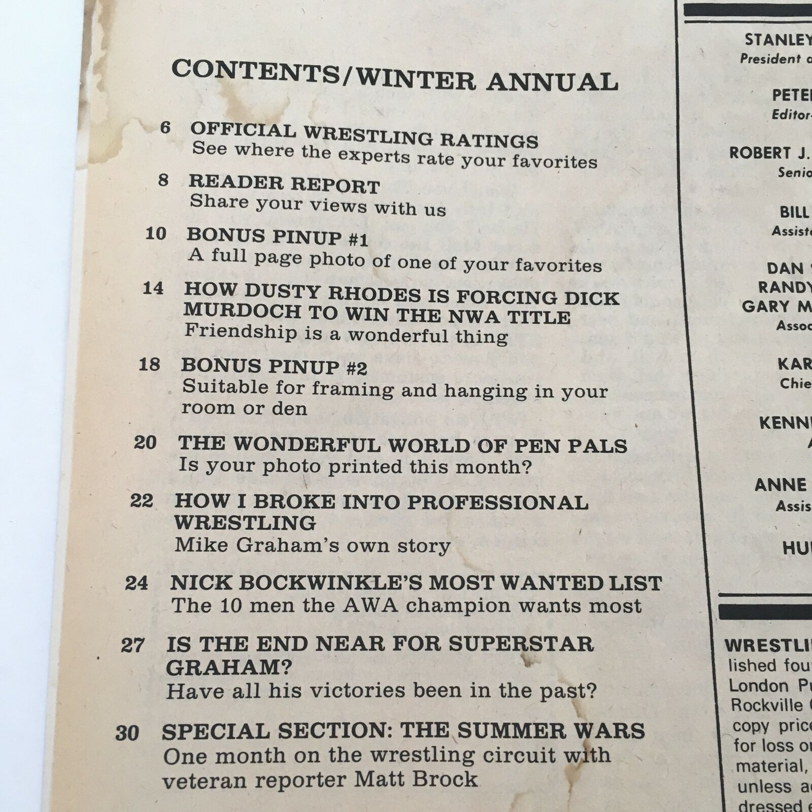Contents page of WWF Wrestling Magazine Winter 1978 highlighting articles about Dusty Rhodes and Dick Murdoch's NWA title match.
