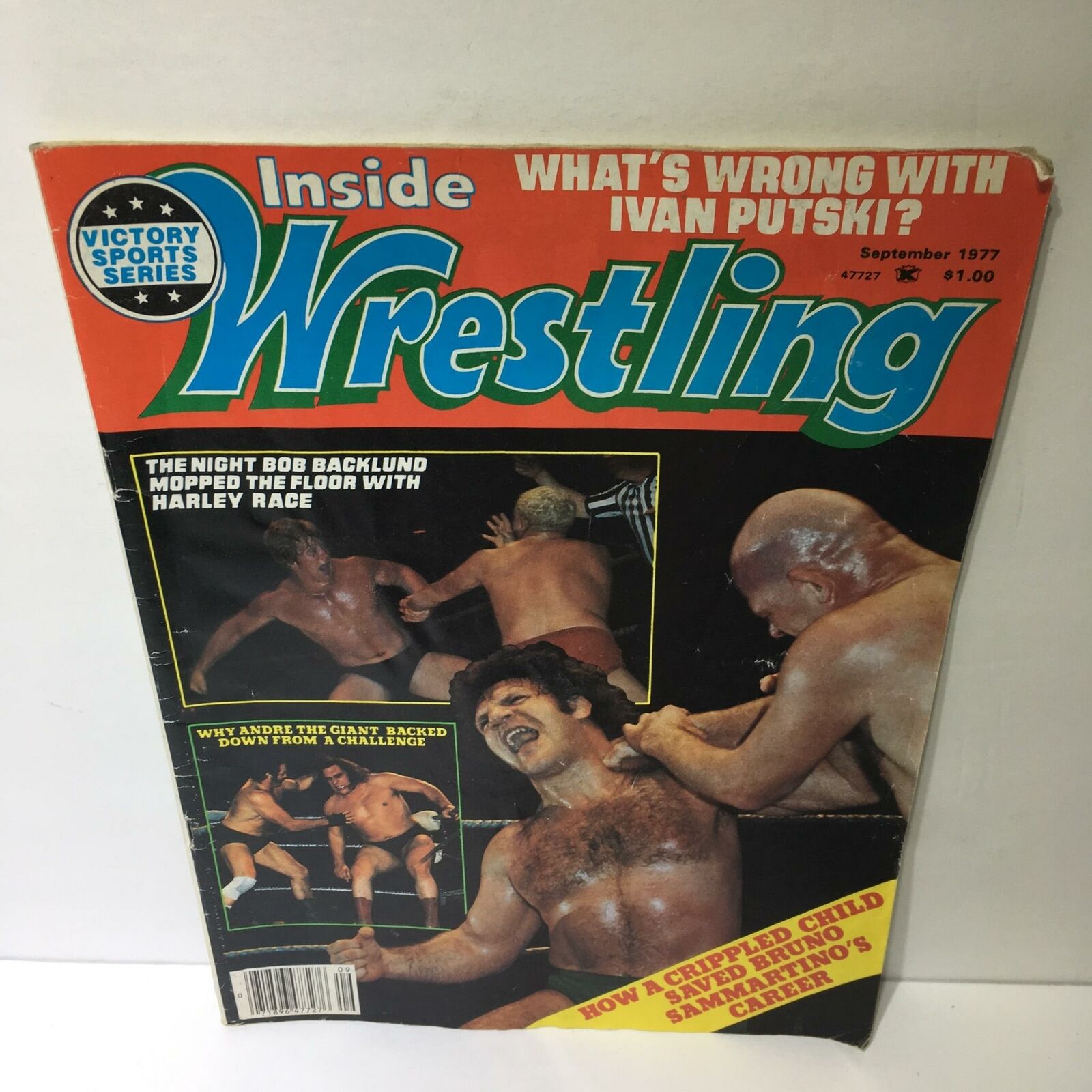 Inside Wrestling Magazine September 1977 featuring articles on wrestling events, including Bob Backlund and Harley Race. Cover highlights include 'What's Wrong With Ivan Putski?' and 'Why Andre the Giant Backed Down from a Challenge.'