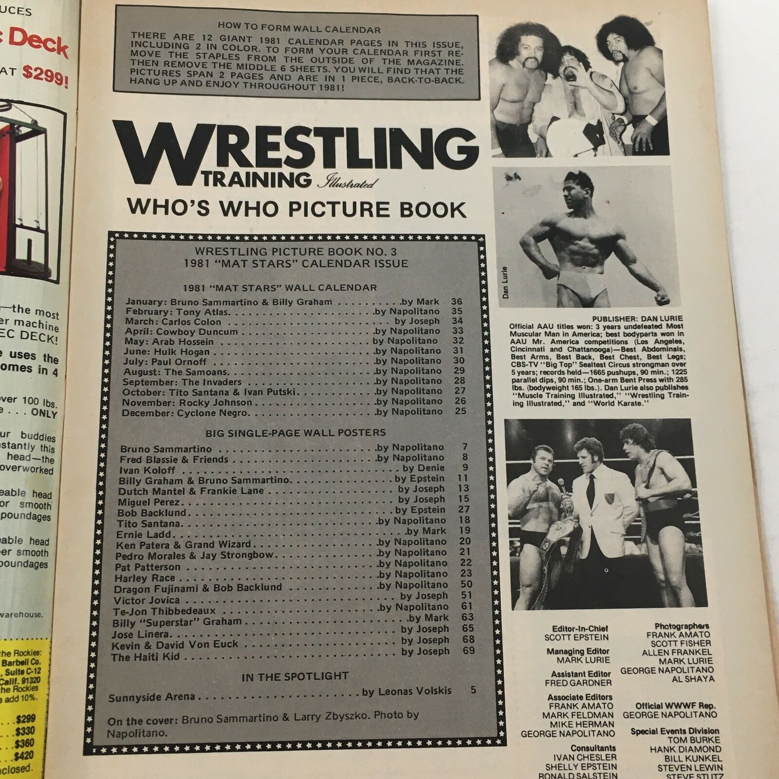 Wrestling Training Illustrated Magazine Spring 1981 table of contents page featuring Bruno Sammartino and other wrestling icons.