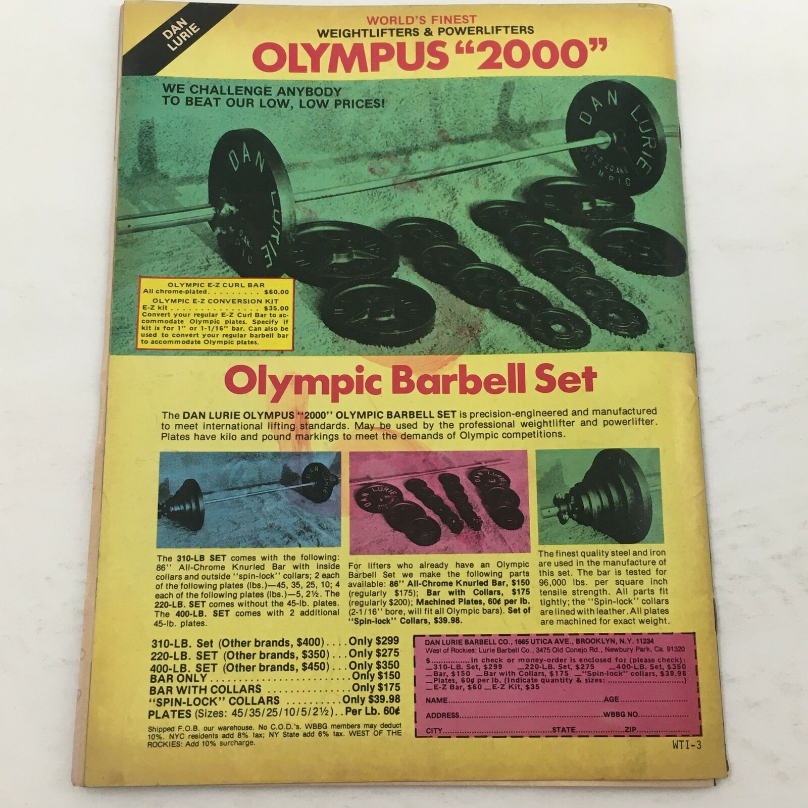 Wrestling Training Illustrated Magazine Spring 1981 advertisement for Olympus '2000' Olympic Barbell Set, showcasing weights and exercise equipment.
