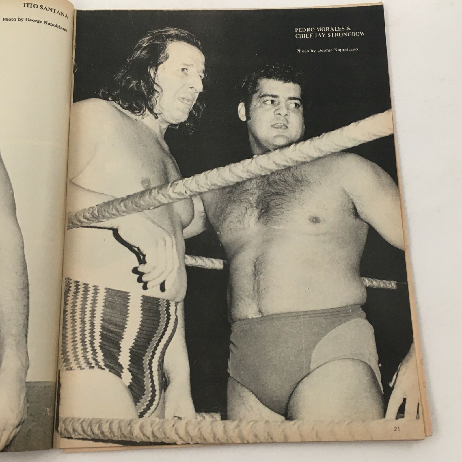 Image from Wrestling Training Illustrated Magazine Spring 1981 featuring professional wrestlers Pedro Morales and Chief Jay Strongbow in the ring, encapsulating the spirit of vintage wrestling.