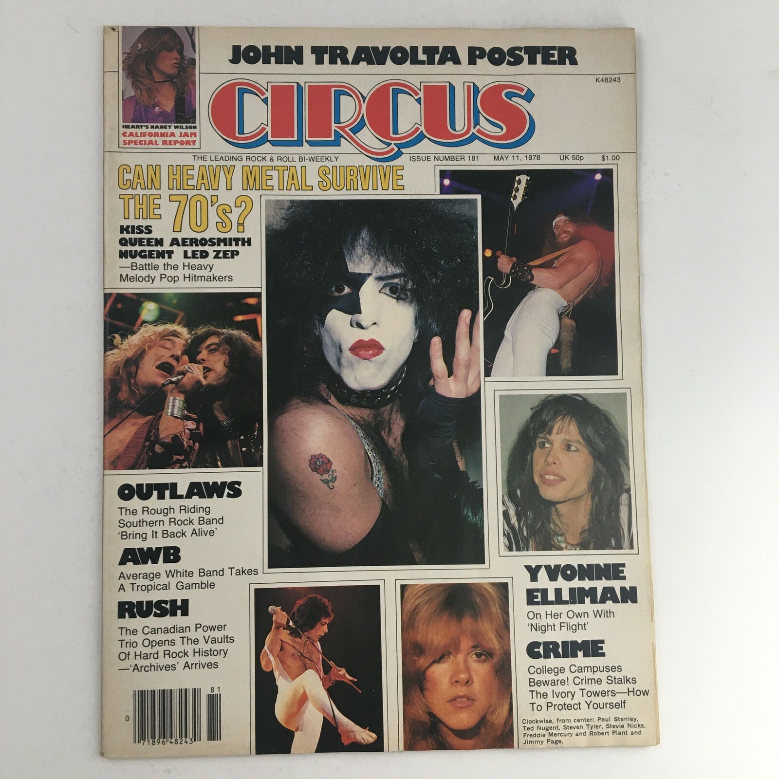 Cover of Circus Magazine from May 11, 1978, featuring Steven Tyler and John Travolta. The cover showcases a bold title and images of iconic artists from the 70s music scene, including a striking photo of a performer with face paint. This vintage collectible magazine includes a poster of John Travolta, making it a significant piece of pop culture history.