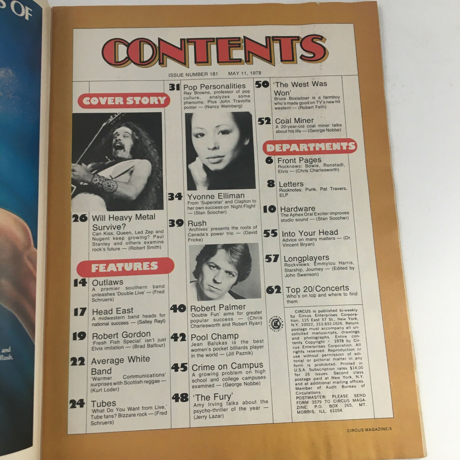 Contents page of Circus Magazine May 11 1978 featuring articles on music and personalities including cover story on heavy metal and pop personalities like John Travolta.