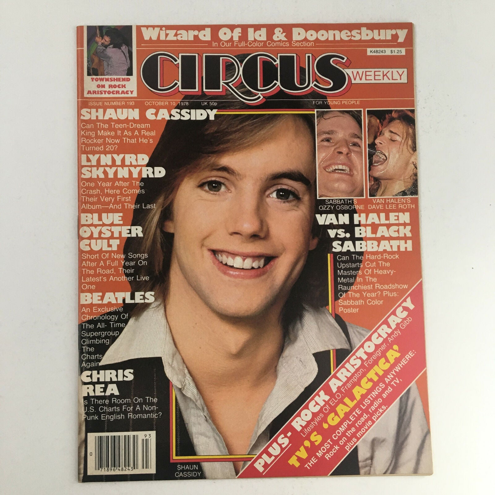 Circus Magazine October 10 1978 featuring Shaun Cassidy on the cover, highlighting icons of the 1970s music scene including Ozzy Osbourne, with additional articles and a collectible poster.