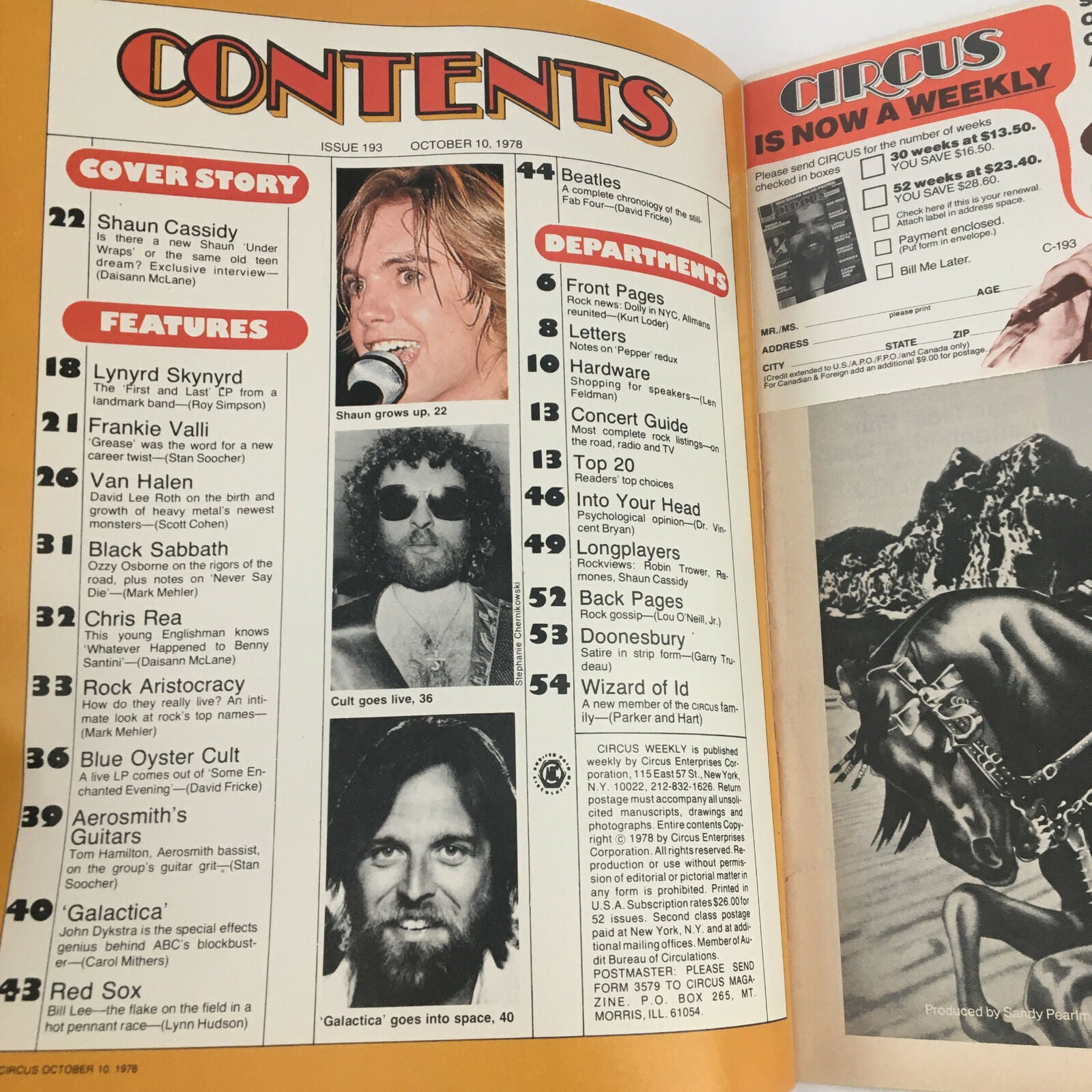 Inside contents page of Circus Magazine October 10 1978 featuring Shaun Cassidy, Black Sabbath, and various rock icons, highlighting articles and features in the issue.