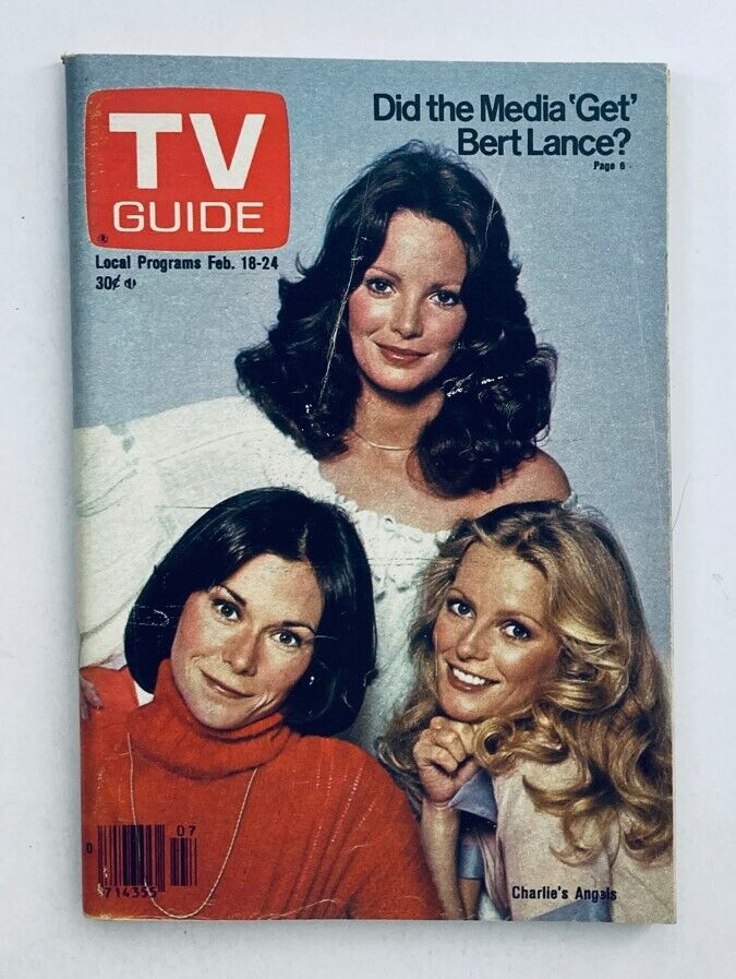 TV Guide Magazine from February 18, 1978 featuring the cast of Charlie's Angels on the cover. This vintage magazine includes a headline about media coverage of Bert Lance, along with colorful images of the three lead actresses. Ideal for collectors and fans of classic television history.