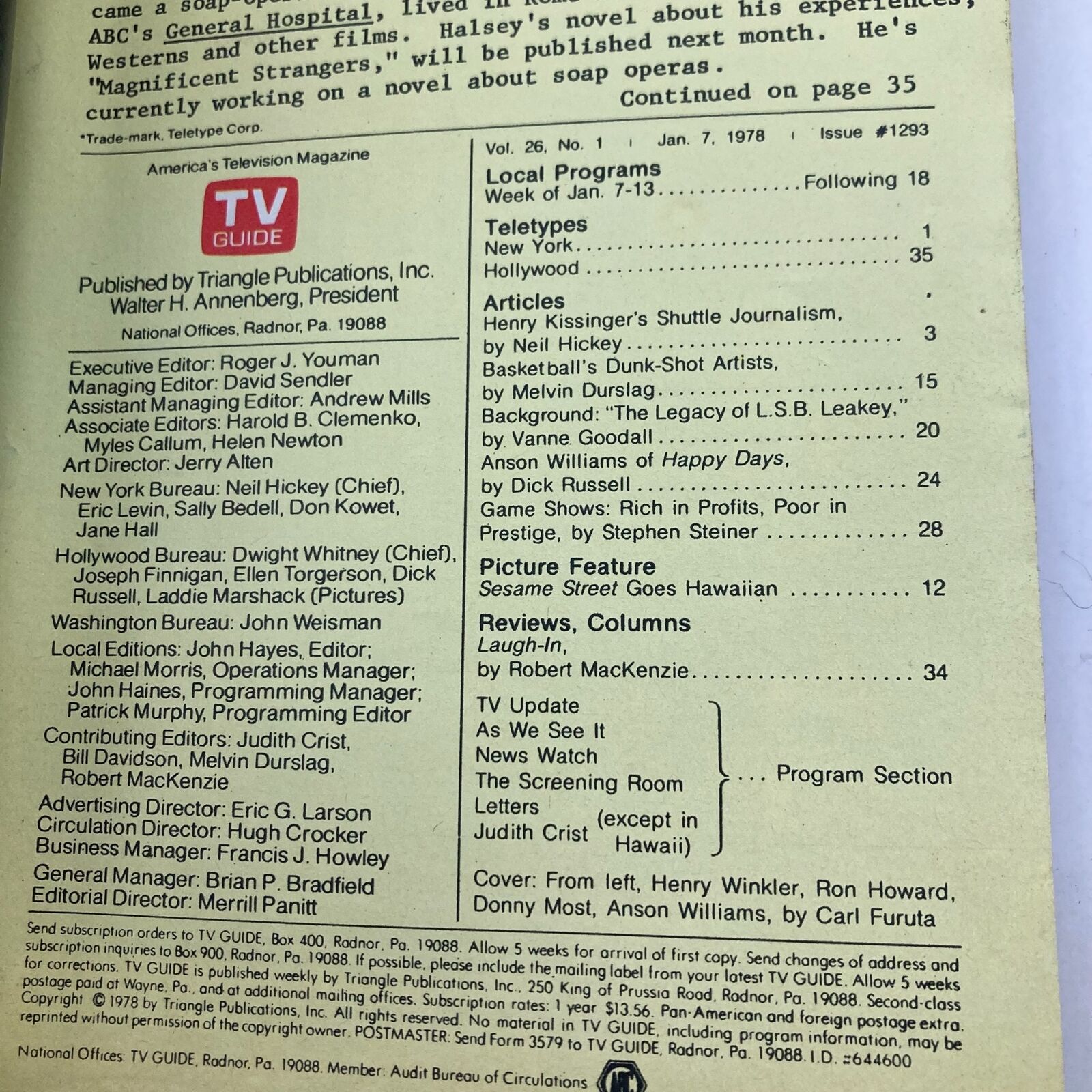 TV Guide Magazine January 7 1978 #1293 featuring articles and sections related to television programming, including local listings and updates.
