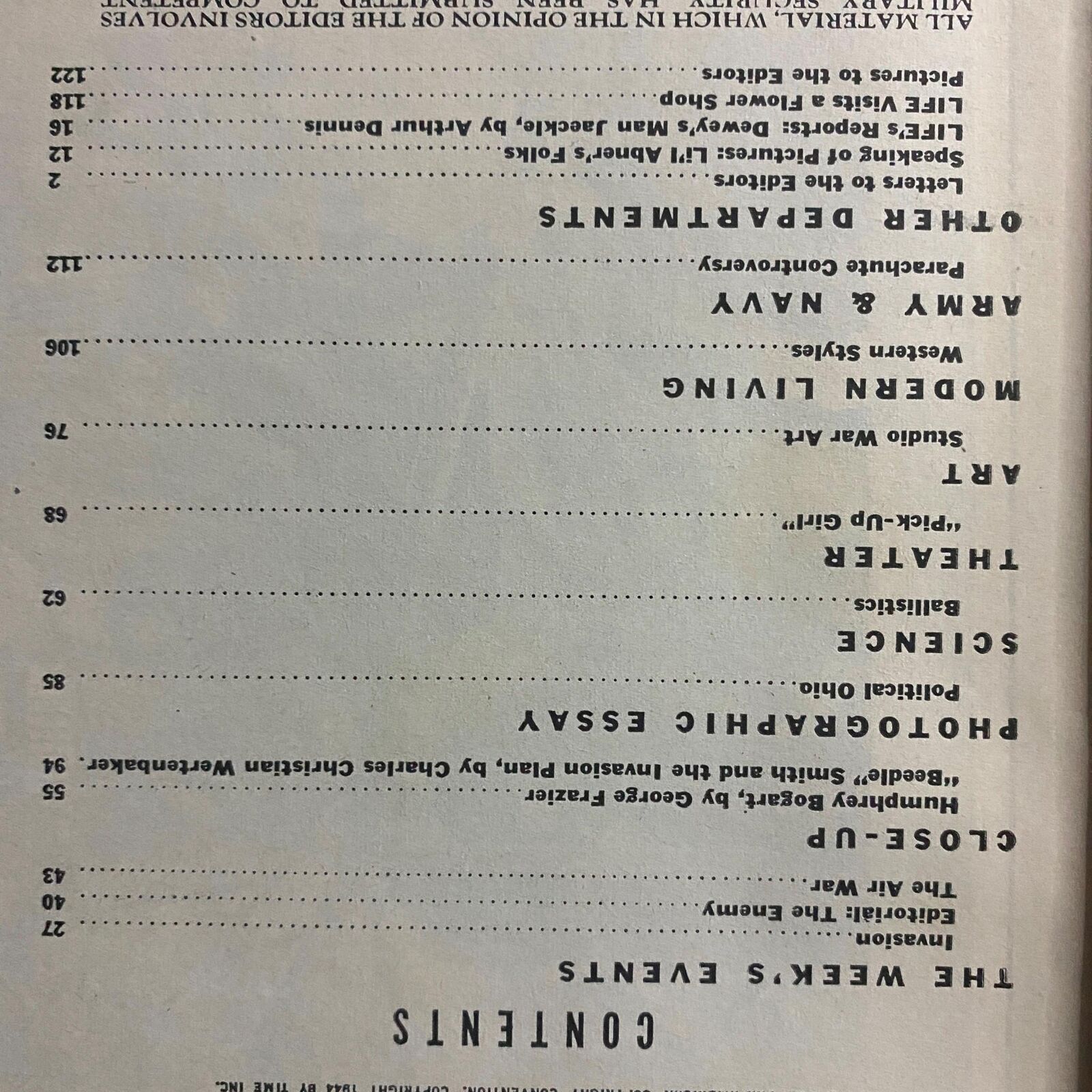 Contents page of Life Magazine June 12, 1944 listing features such as Army and Navy sections, Women Living, Art, Theater, and Science, showcasing the varied historical content of the issue.