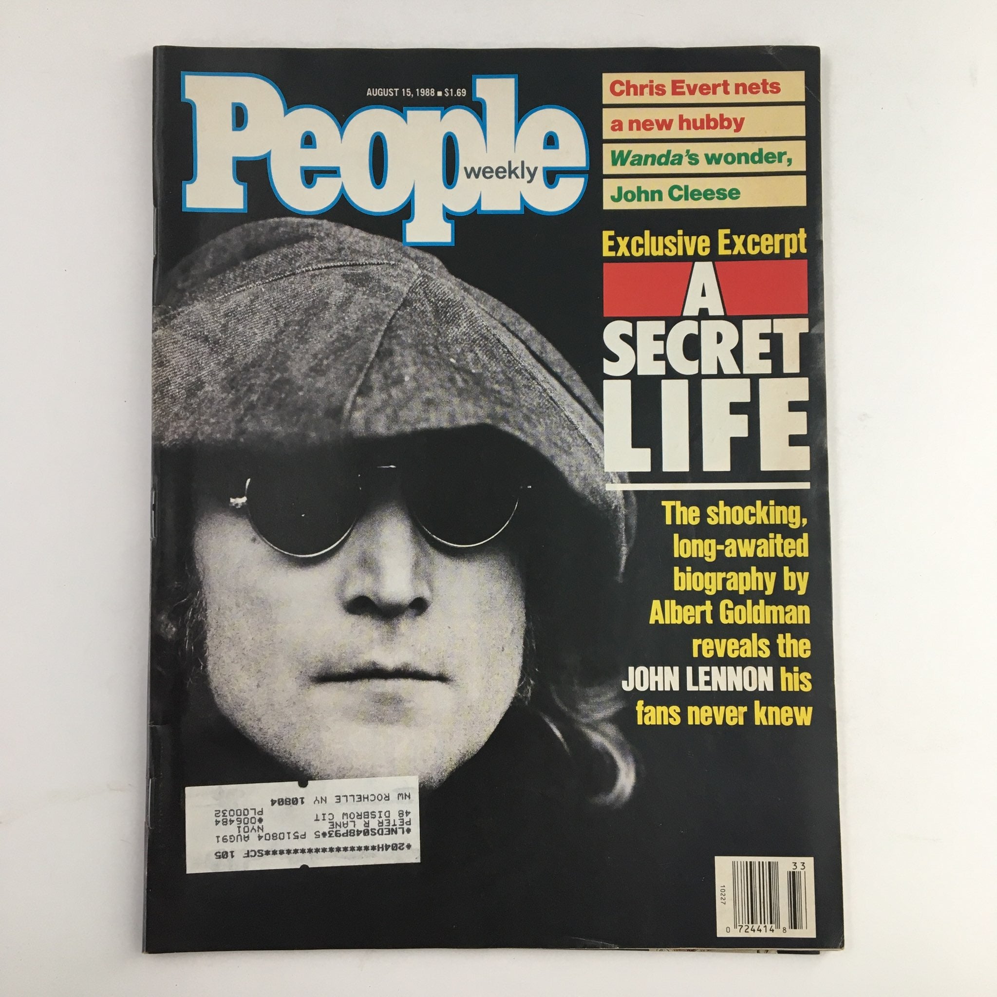 Cover of People Weekly Magazine dated August 15, 1988, featuring John Lennon wearing sunglasses and a hat, along with headlines about Chris Evert and John Cleese.